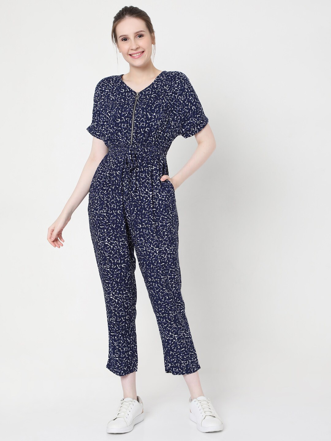 

Vero Moda Women Navy Blue & White Printed Playsuit