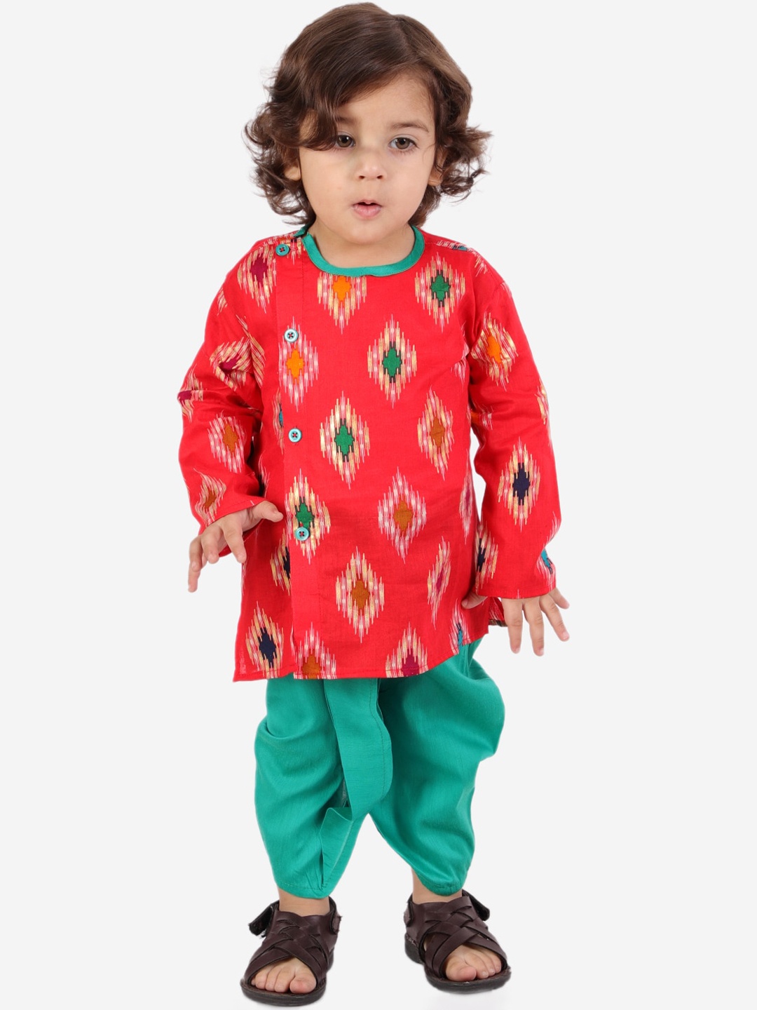 

KID1 Boys Red Ethnic Motifs Printed Angrakha Pure Cotton Kurta with Dhoti Pants