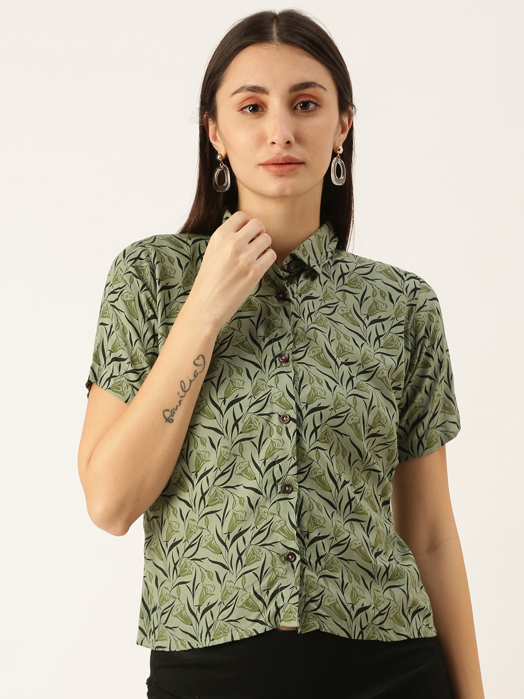 

COUPER & COLL Green Floral Print Pure Cotton Shirt Style Top