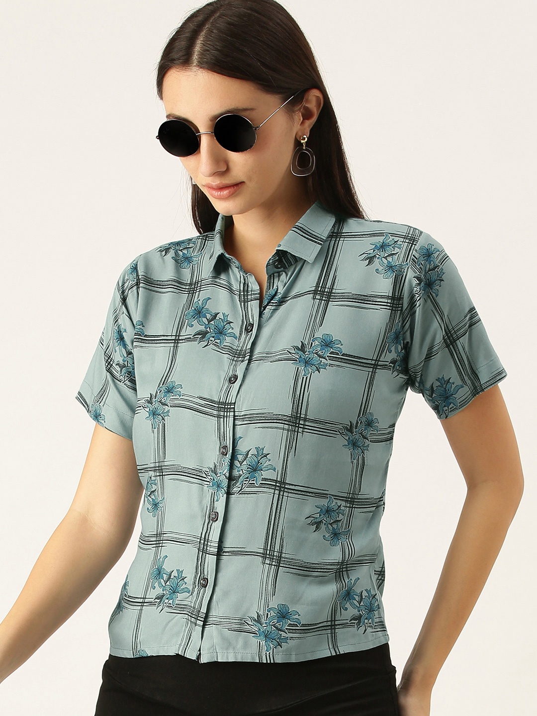 

COUPER & COLL Blue Floral Print Pure Cotton Shirt Style Top