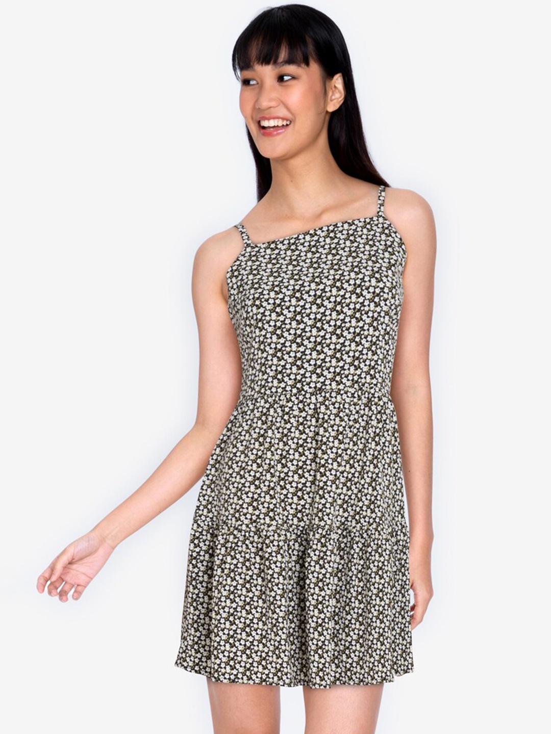 

ZALORA BASICS Olive Green & White Floral Mini Dress