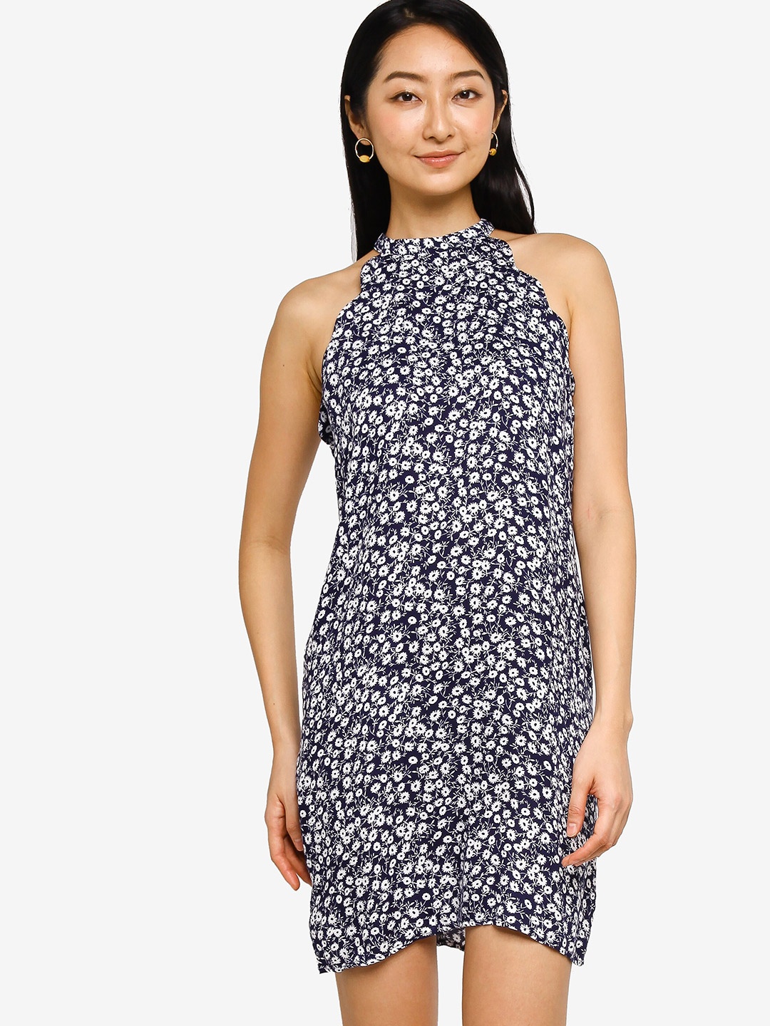 

ZALORA BASICS Navy Blue & White Floral Halter Neck Sheath Dress