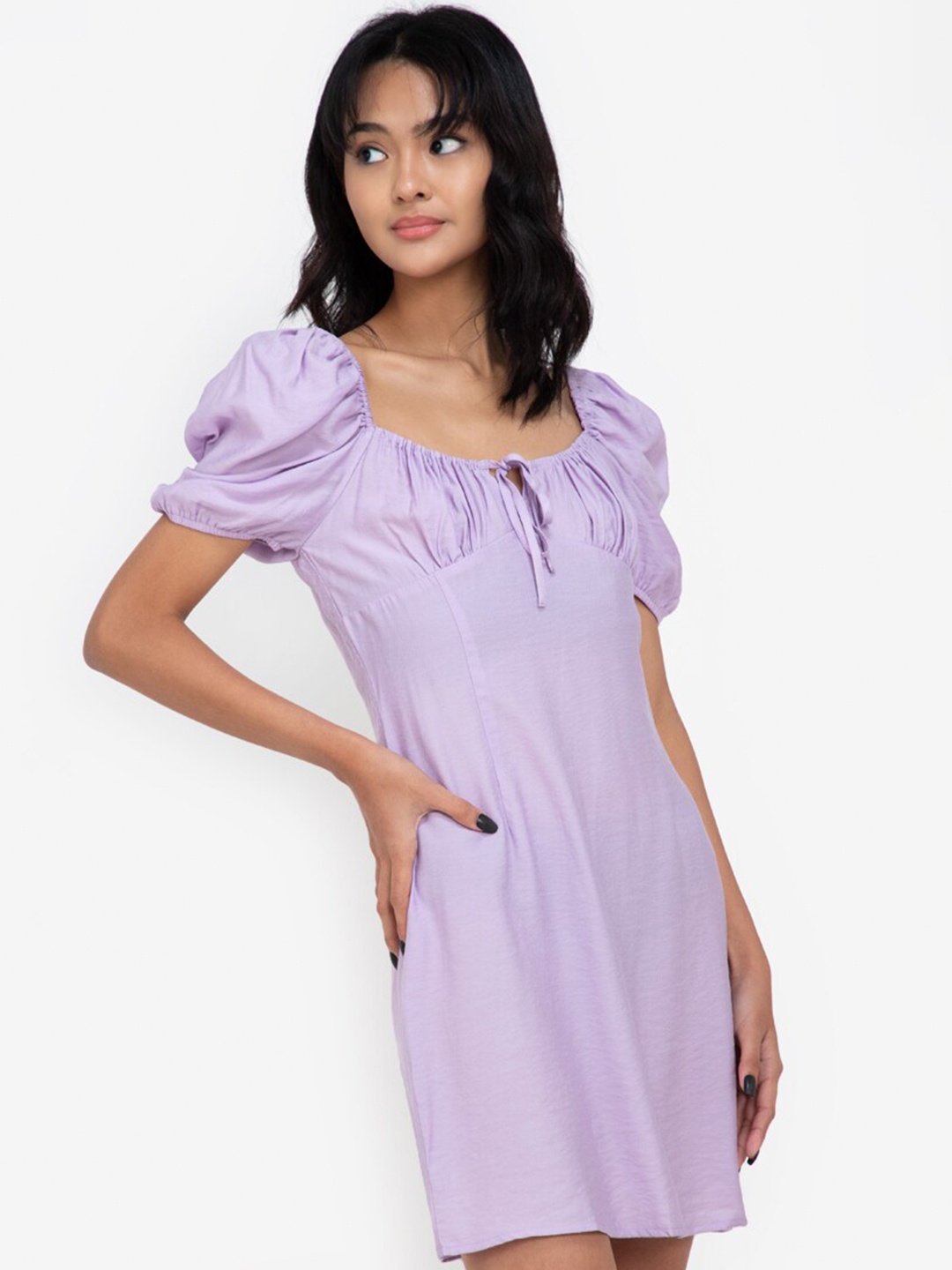 

ZALORA BASICS Women Purple Tie-Up Neck A-Line Mini Dress