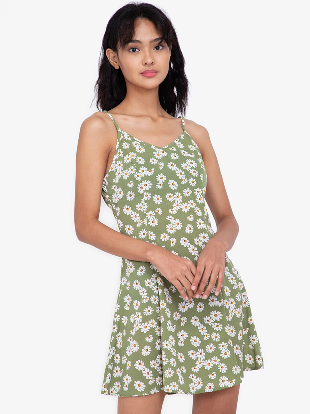 

ZALORA BASICS Women Green & White Floral Printed Strappy A-Line Dress