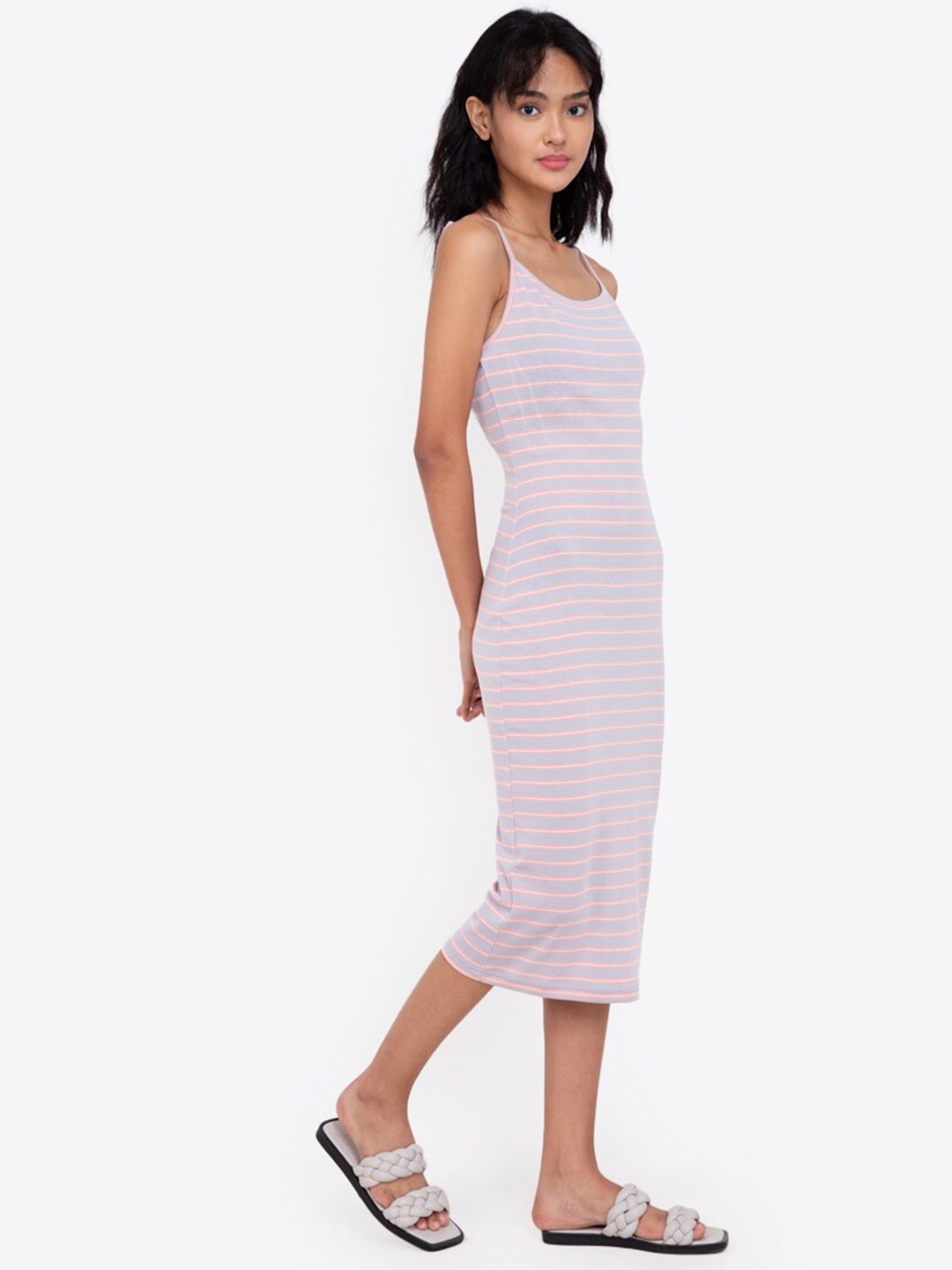 

ZALORA BASICS Women Blue & Pink Striped Strappy Bodycon Midi Dress