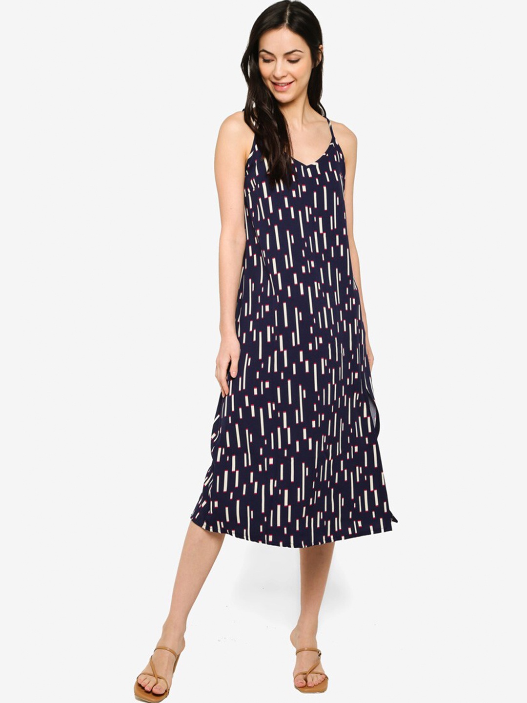 

ZALORA BASICS Women Navy Blue & Beige Printed Slip Dress