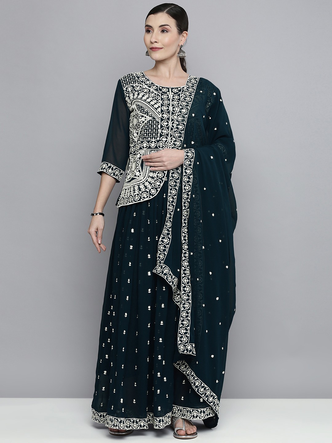 

Kvsfab Women Navy Blue Embroidered Top with Skirt & With Dupatta