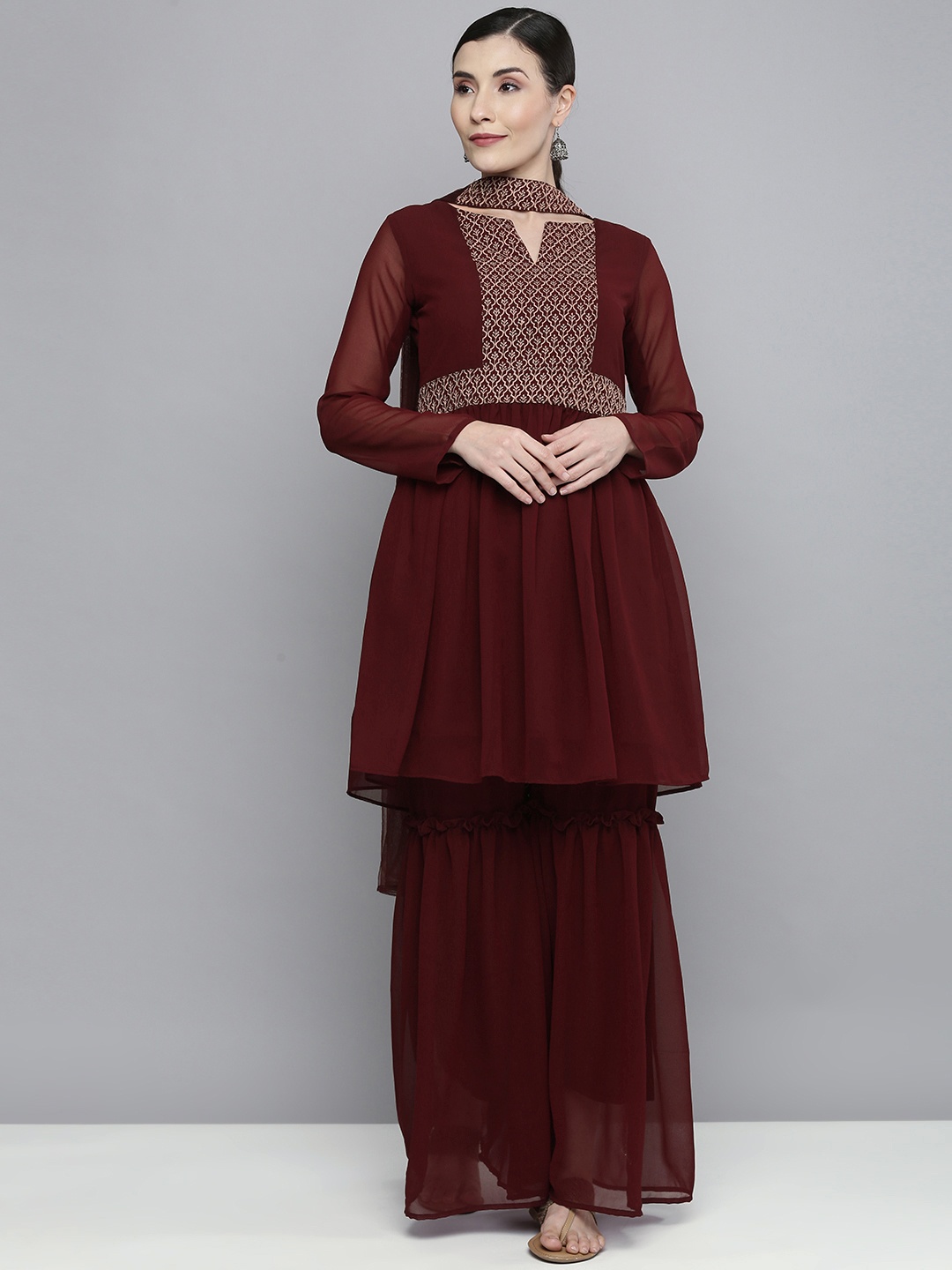 

Kvsfab Women Maroon Embroidered Panelled Silk Georgette Kurta with Sharara & With Dupatta