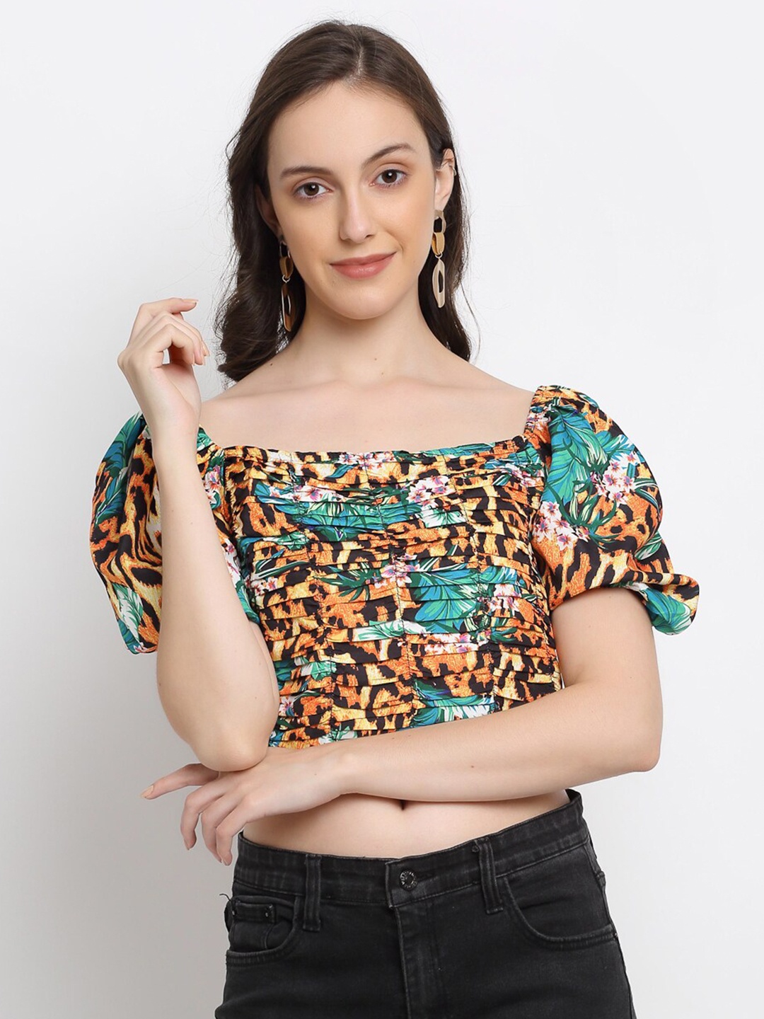 

DIVA WALK EXCLUSIVE Women Brown Floral Print Off-Shoulder Bardot Crop Top