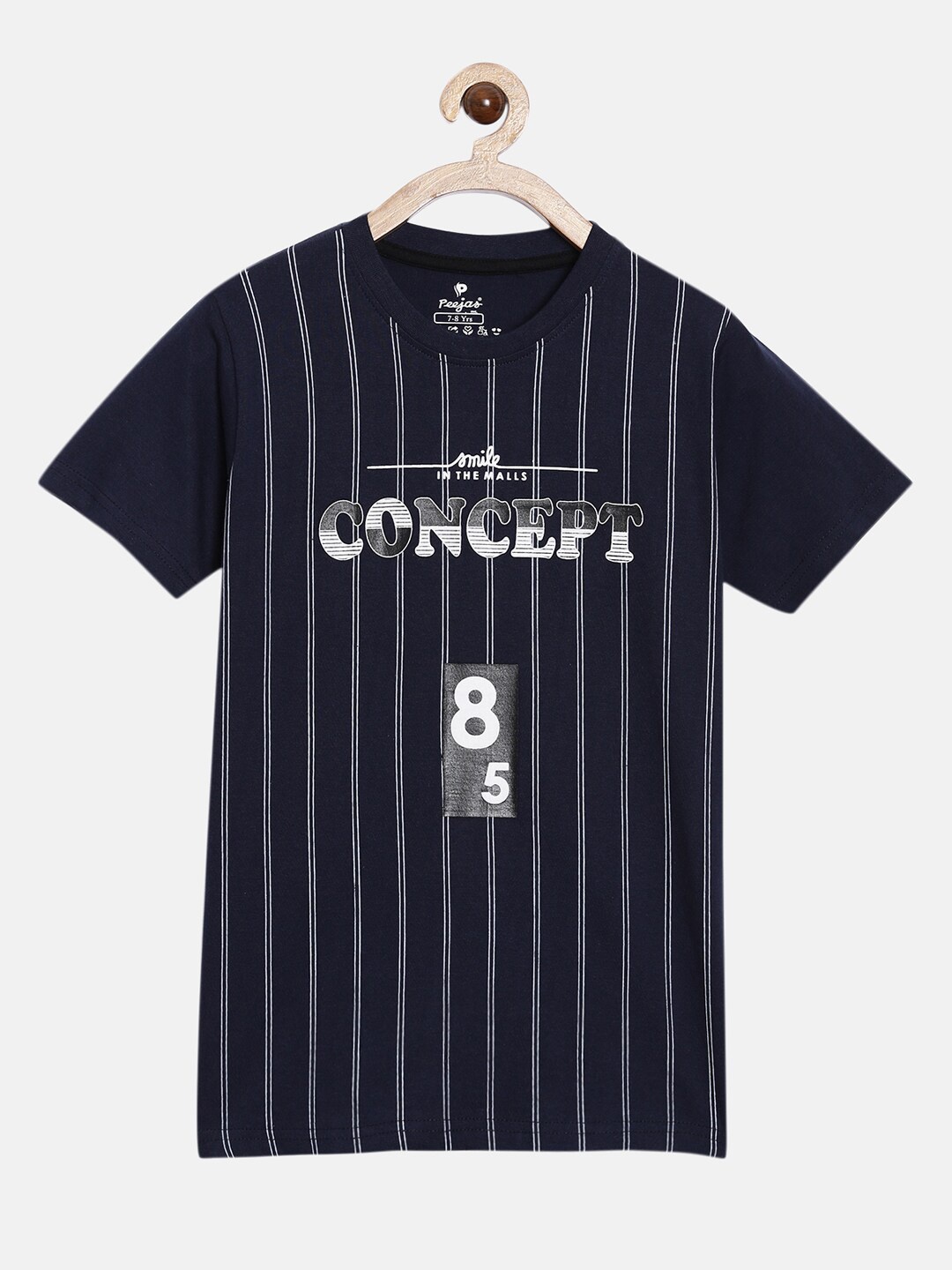 

Peejas Boys Navy Blue Typography Striped Pure Cotton T-shirt