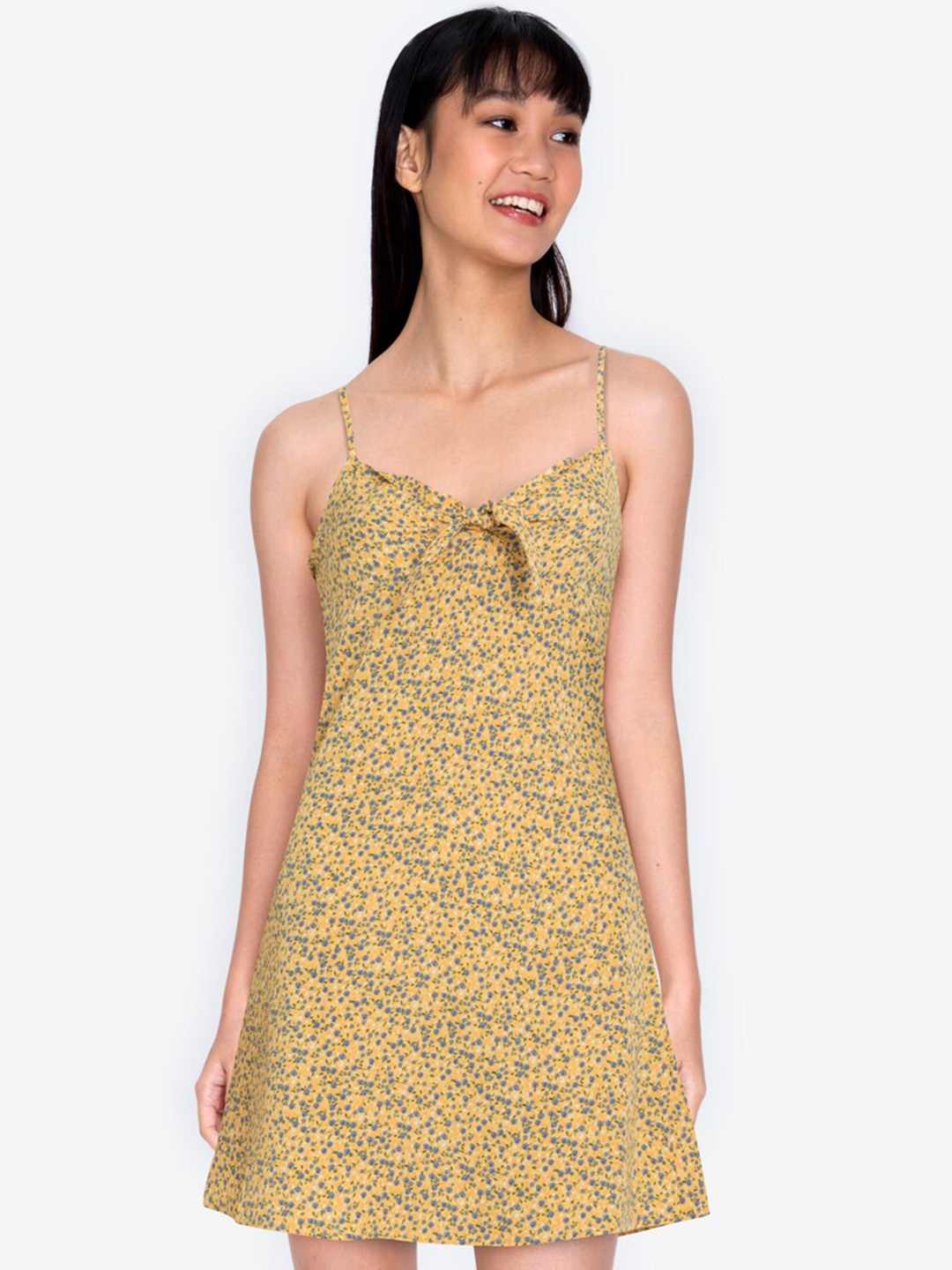 ZALORA BASICS Mustard Yellow & Blue Floral A-Line Mini Dress