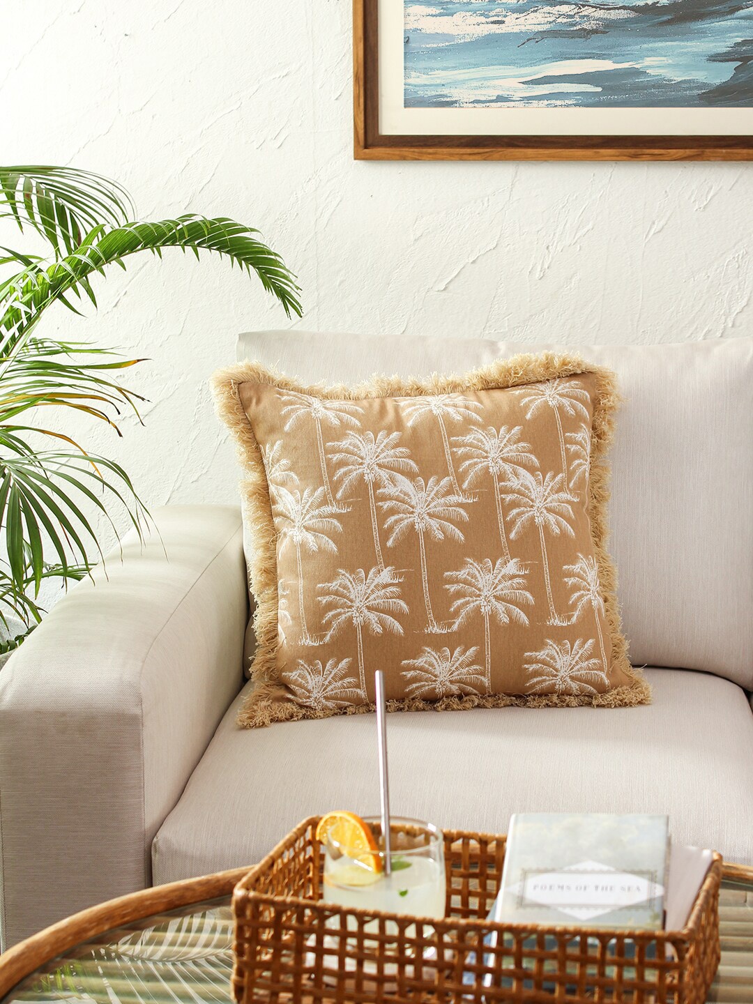 

House This Beige & White Tropical Printed Cotton Cushion Cover