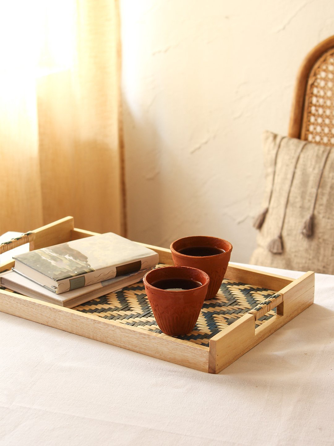 

House This Blue & Beige Chevron Cane Tray