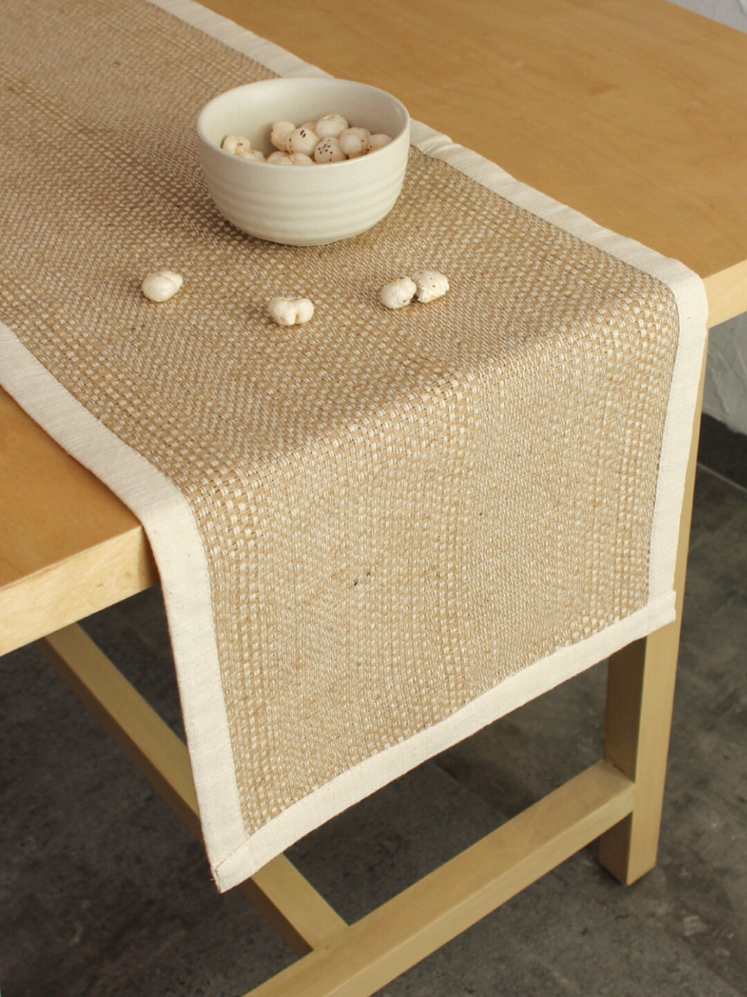 

House This Beige Self Design Cotton Rectangular Table Runner