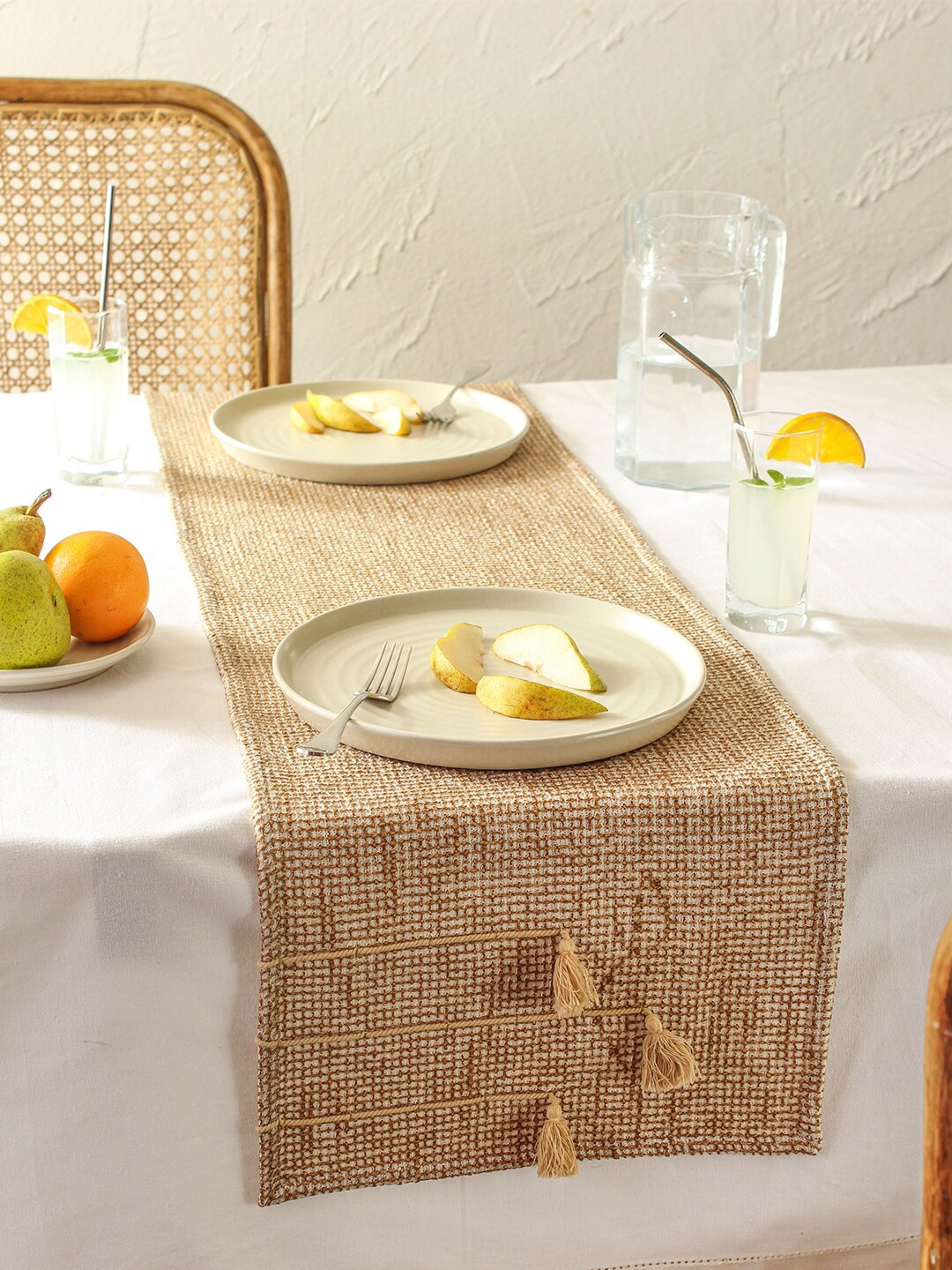 

House This Beige Self Design Cotton Rectangular Table Runner