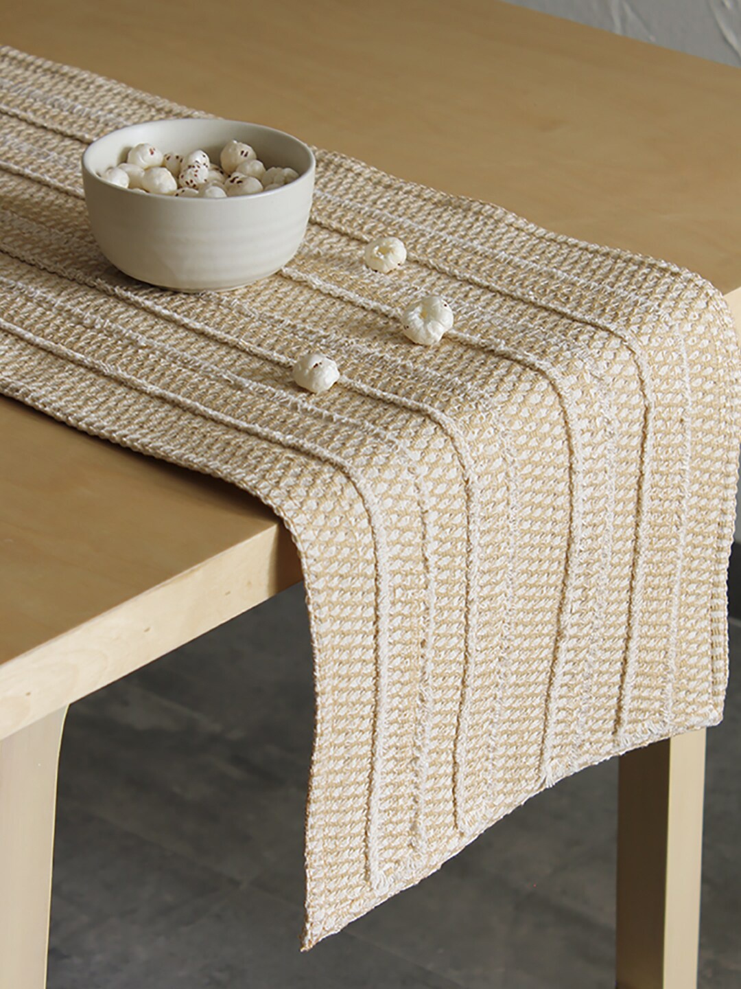 

House This Beige Self Design Cotton Rectangular Table Runner