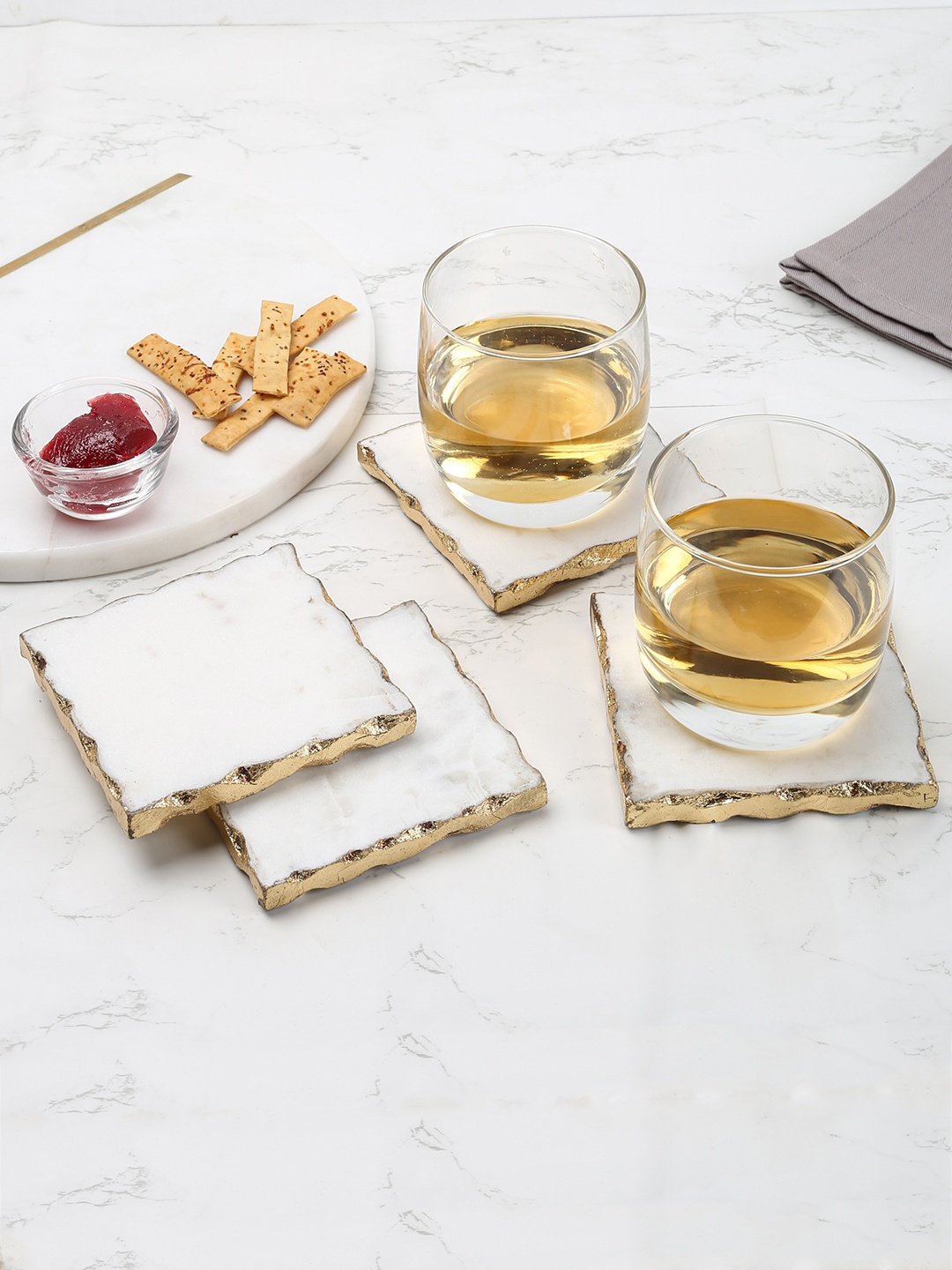 

House This Set Of 4 White & Gold-Toned Marble Coasters