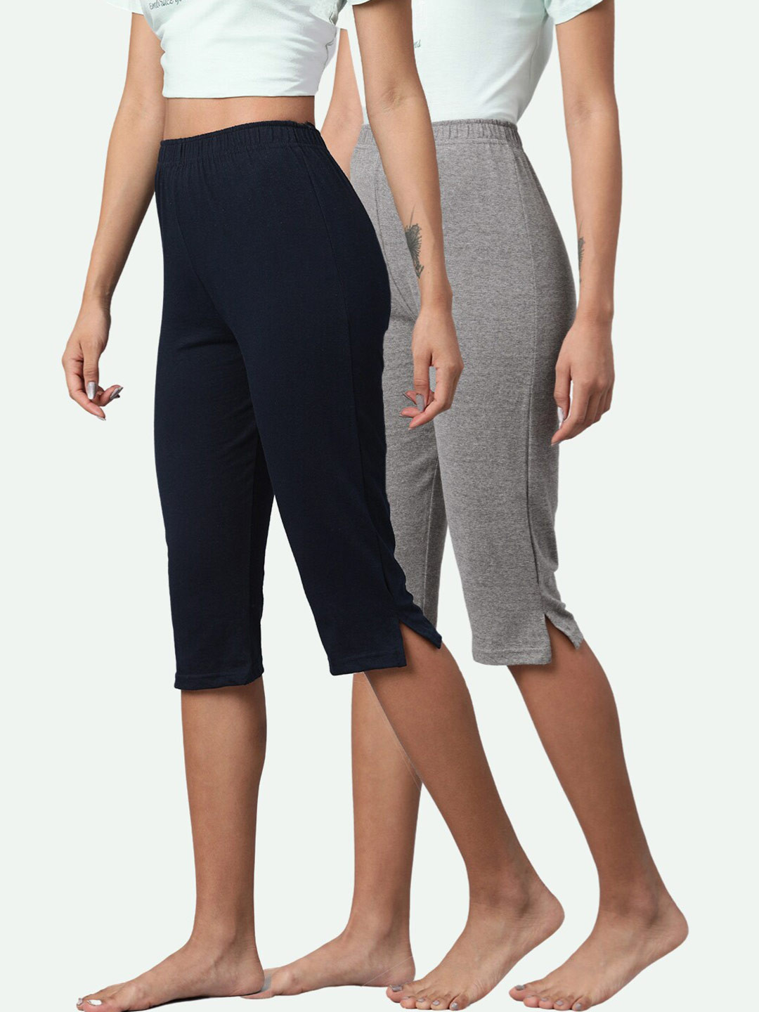 

NOT YET by us Women Pack Of 2 Grey & Black Solid Pure Cotton Mid-Rise Capris