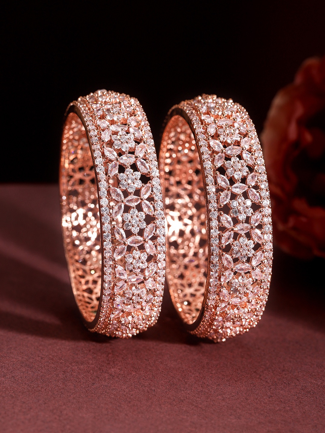 

Rubans Set of 2 Rose Gold Plated Zirconia Stone Studded Bangles Floral Design
