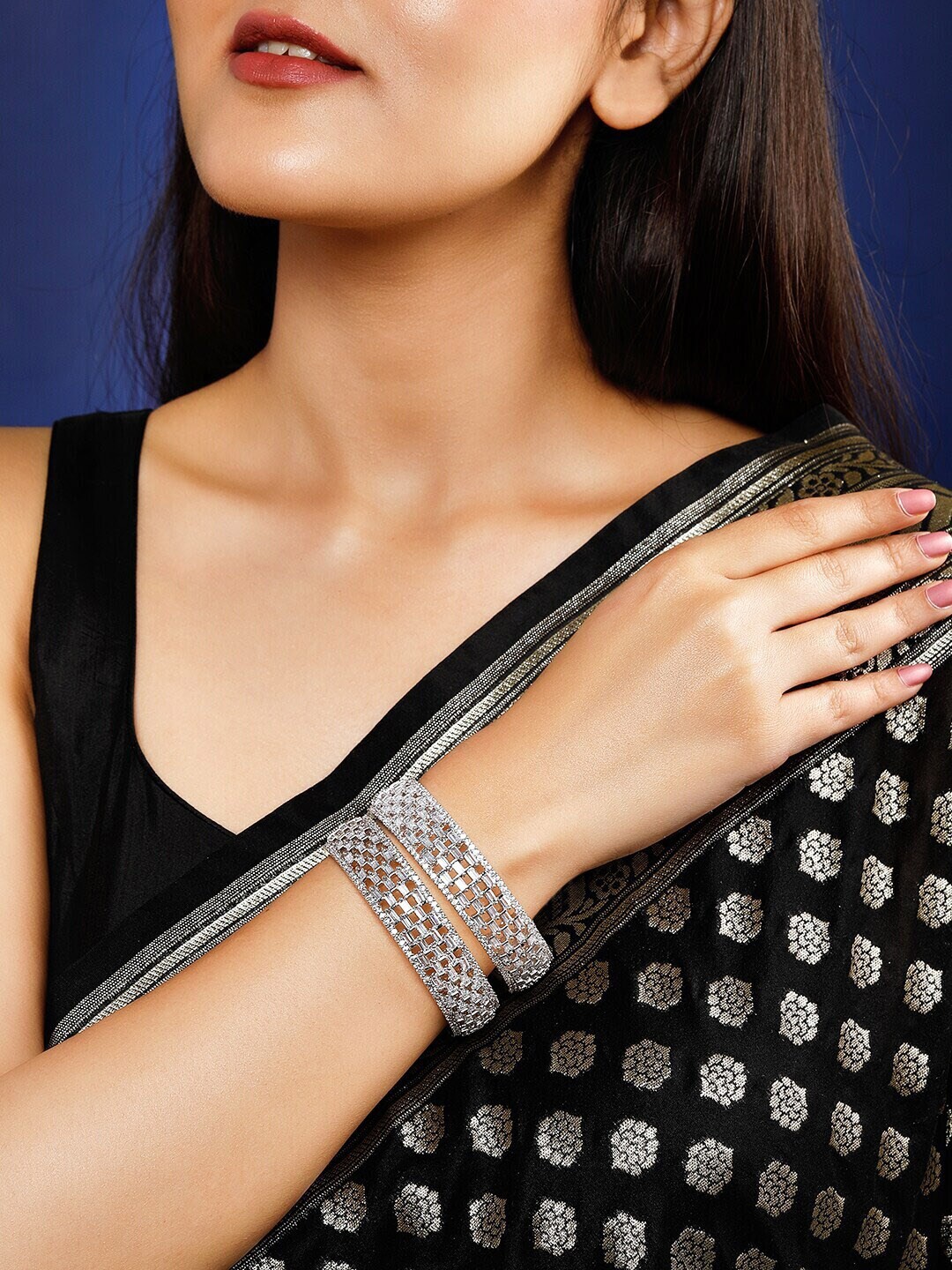 

Rubans Silver-Toned Set Of 2 Cubic Zirconia Stone Studded Bangles