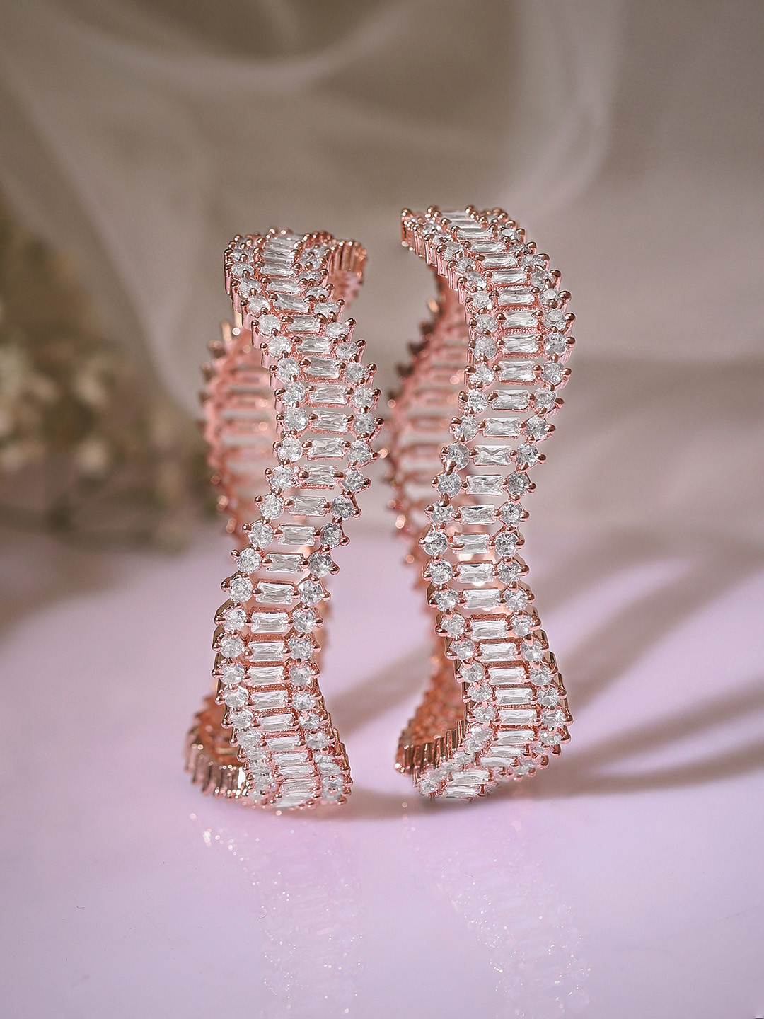 

Rubans Pink Set of 2 Rose Gold Plated Zirconia Stone Studded Bangles