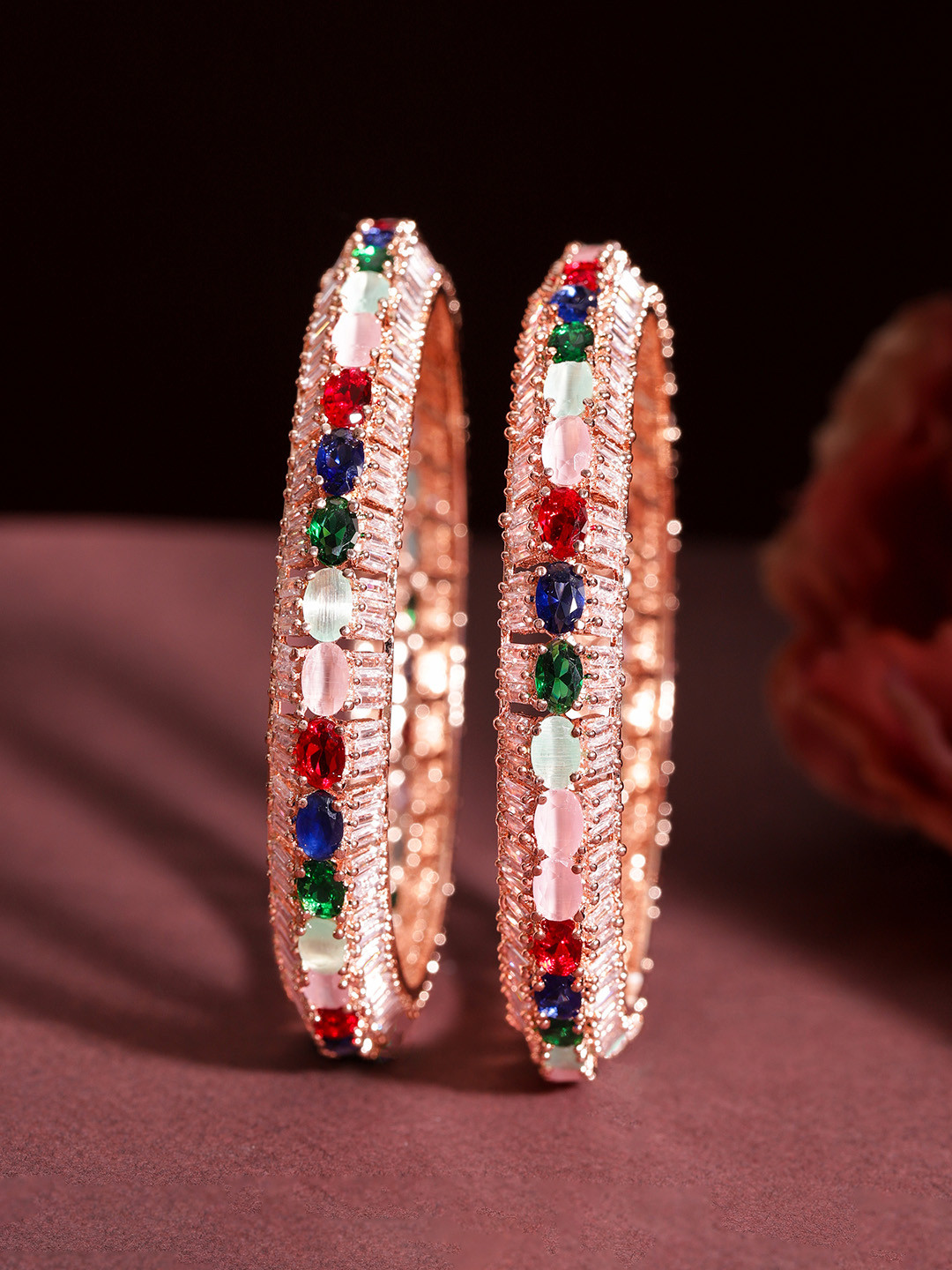

Rubans Set Of 2 Rose Gold-Plated & White Zirconia Stone-Studded & Beaded Bangles