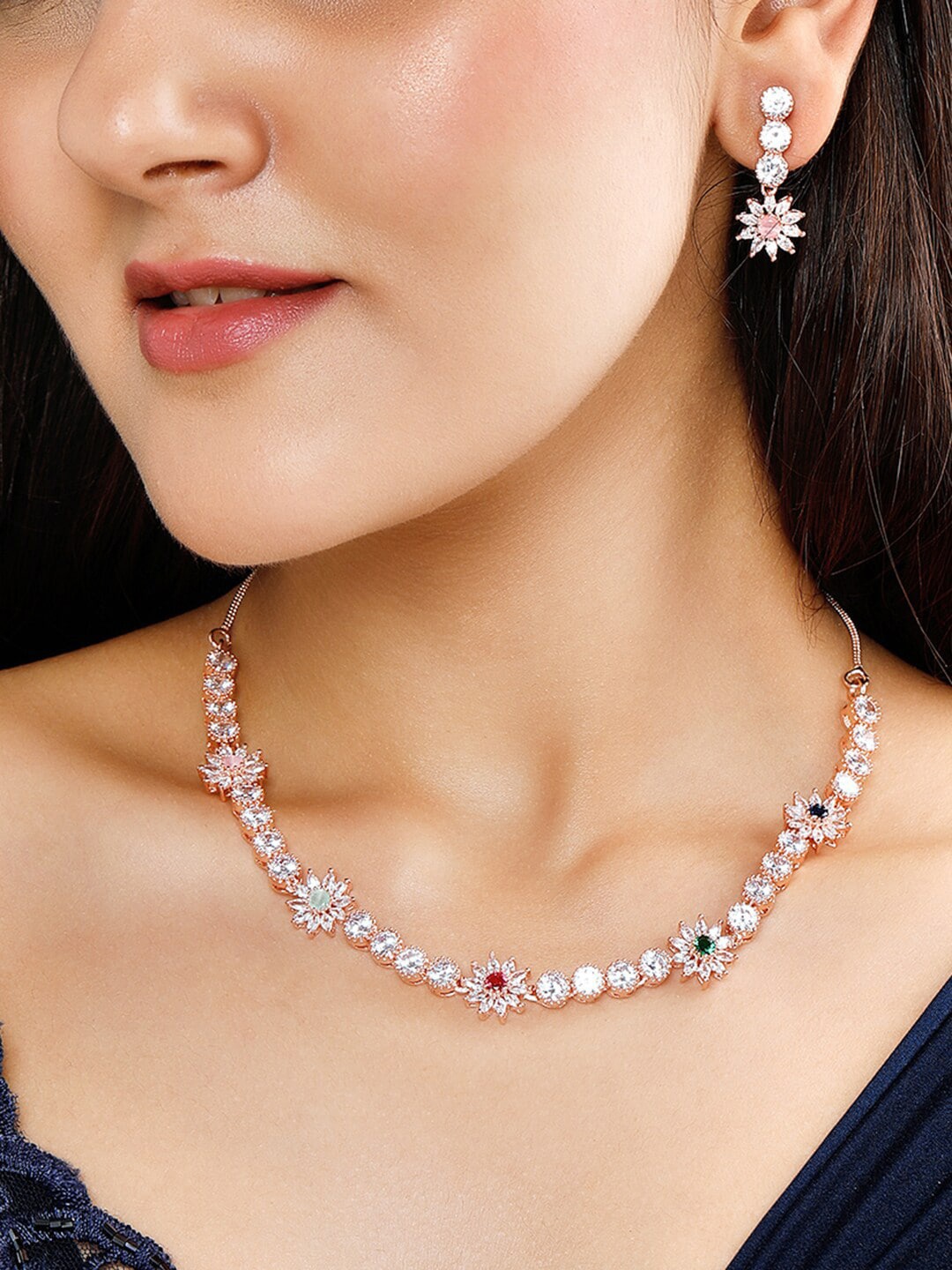 

Rubans Rose Gold Plated White & Pink CZ Stone Studded Necklace Set