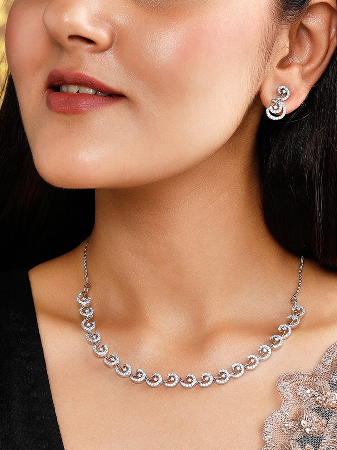 

Rubans Silver-Plated White CZ-Studded Jewellery Set