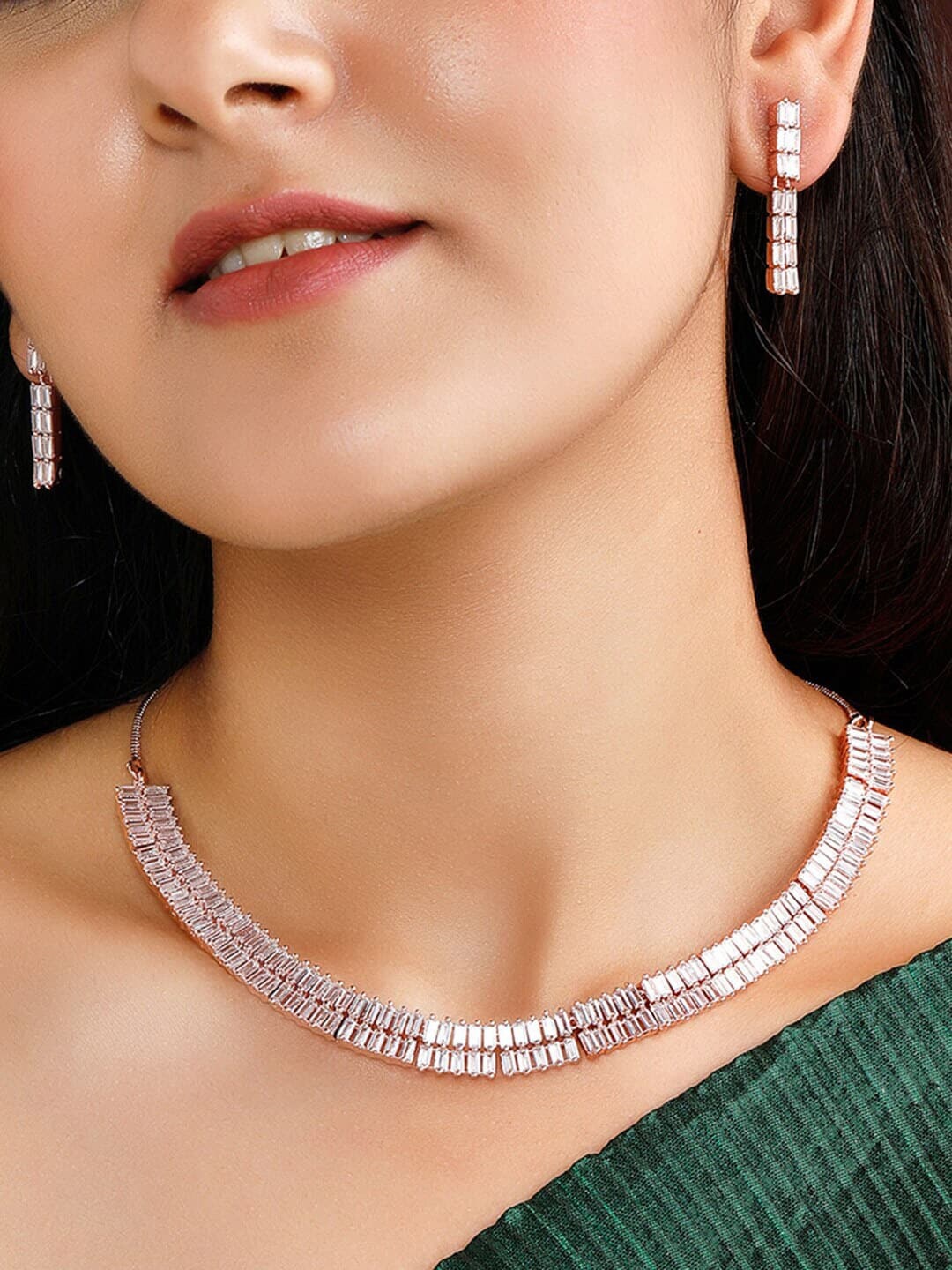

Rubans Rose Gold-Plated White CZ-Studded Jewellery Set