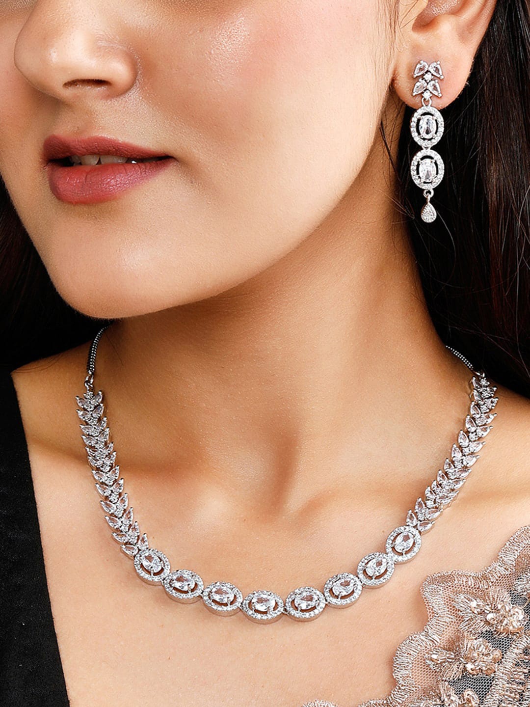 

Rubans Silver-Plated White CZ-Studded Jewellery Set