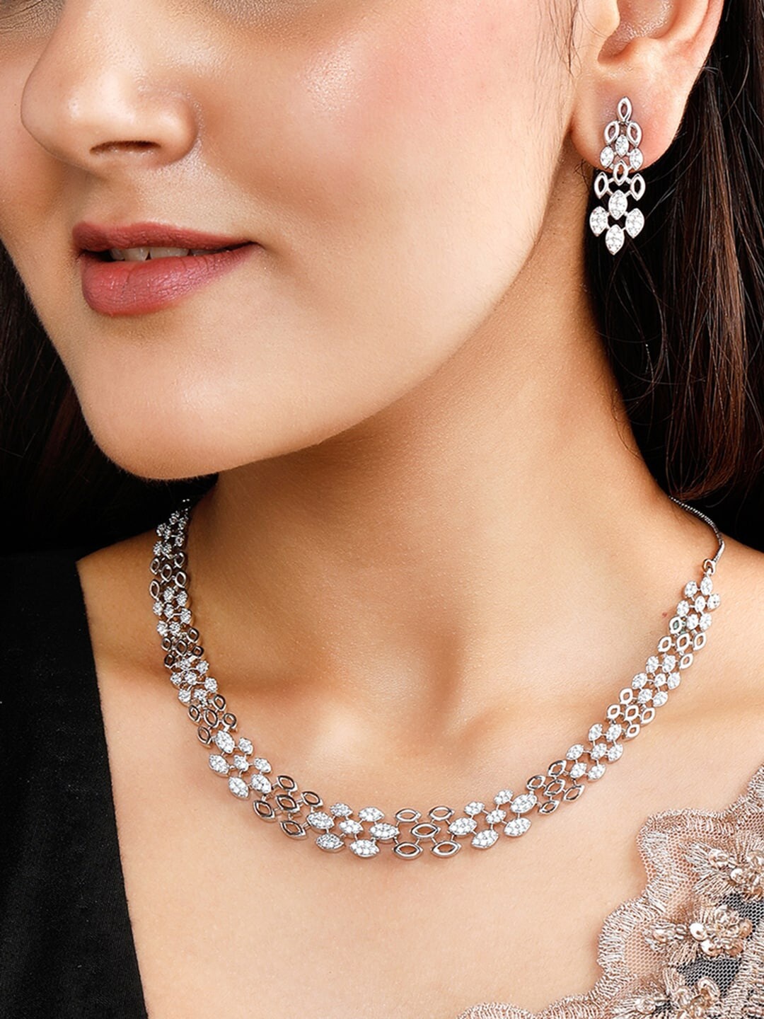 

Rubans Silver-Plated White CZ-Studded Jewellery Set