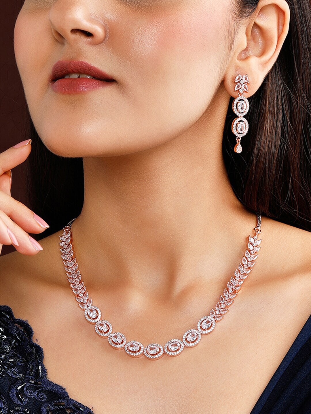 

Rubans Rose Gold-Plated White CZ-Studded Jewellery Set