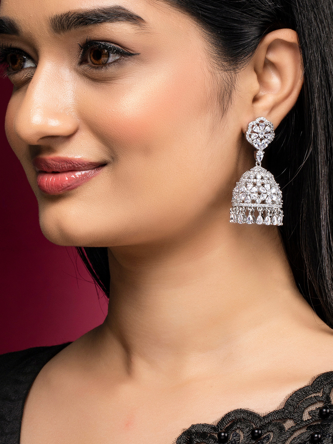 

Rubans Silver-Plated Zirconia Studded Dome Shaped Jhumkas