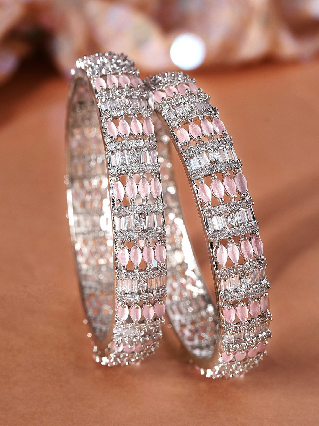 

Rubans Set of 2 Silver-Plated Pink CZ-Studded Bangles