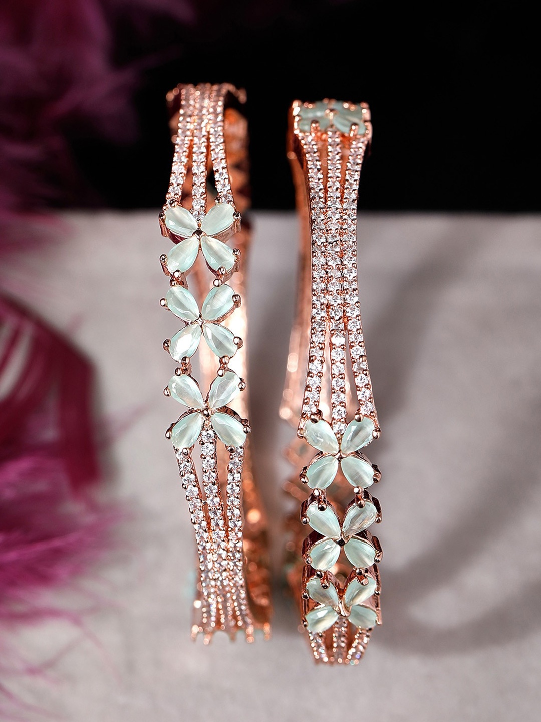 

Rubans Set of 2 Rose Gold-Plated Green Cubic Zirconia Stone Studded Bangles