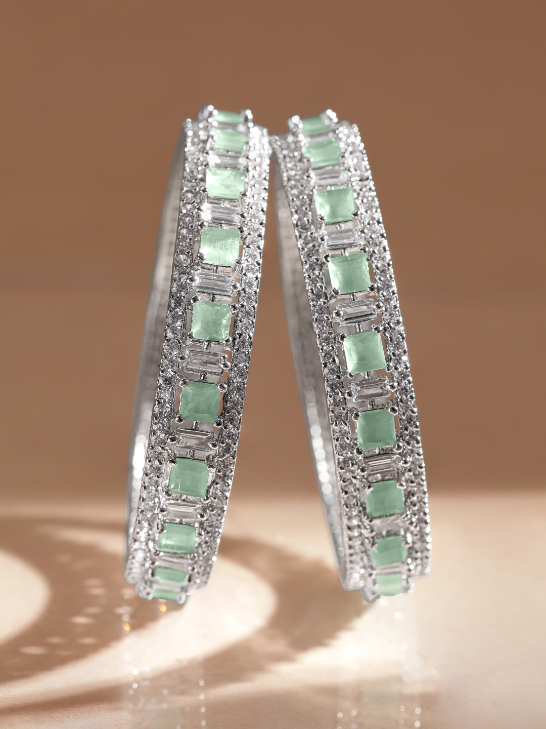 

Rubans Women Set of 2 Silver-Plated Cubic Zirconia Studded Bangles, Green