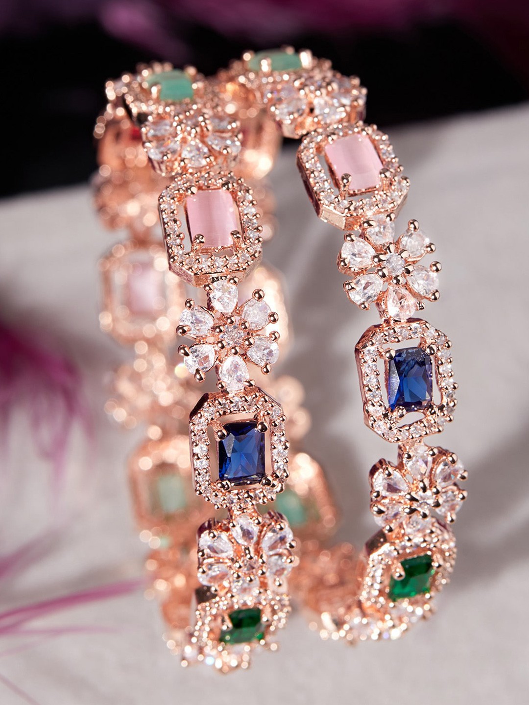 

Rubans Set of 2 Rose Gold Plated Pastel Pink & Green Stone Studded Zirconia Bangle