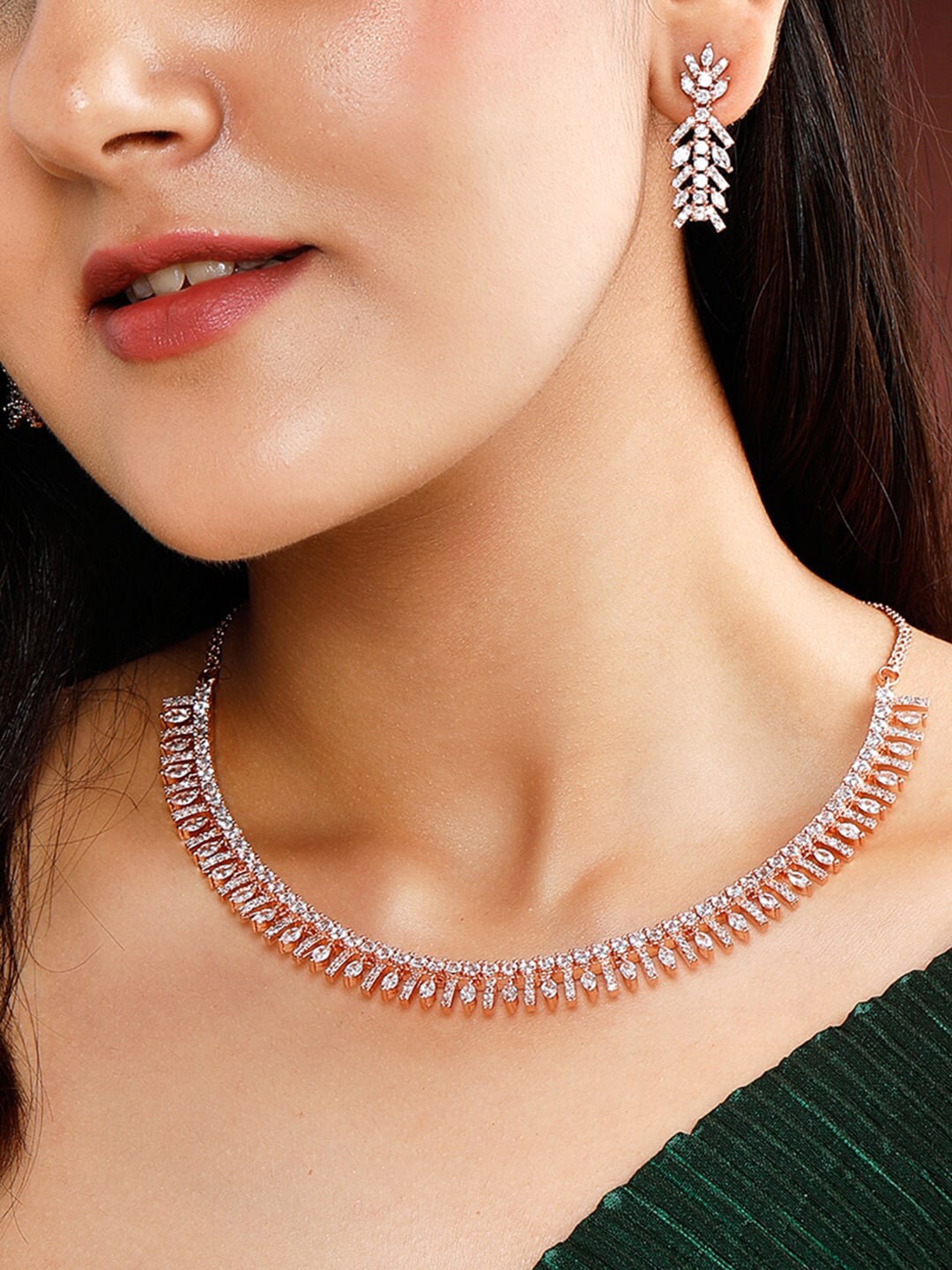 

Rubans Rose Gold-Plated White CZ-Studded Jewellery Set