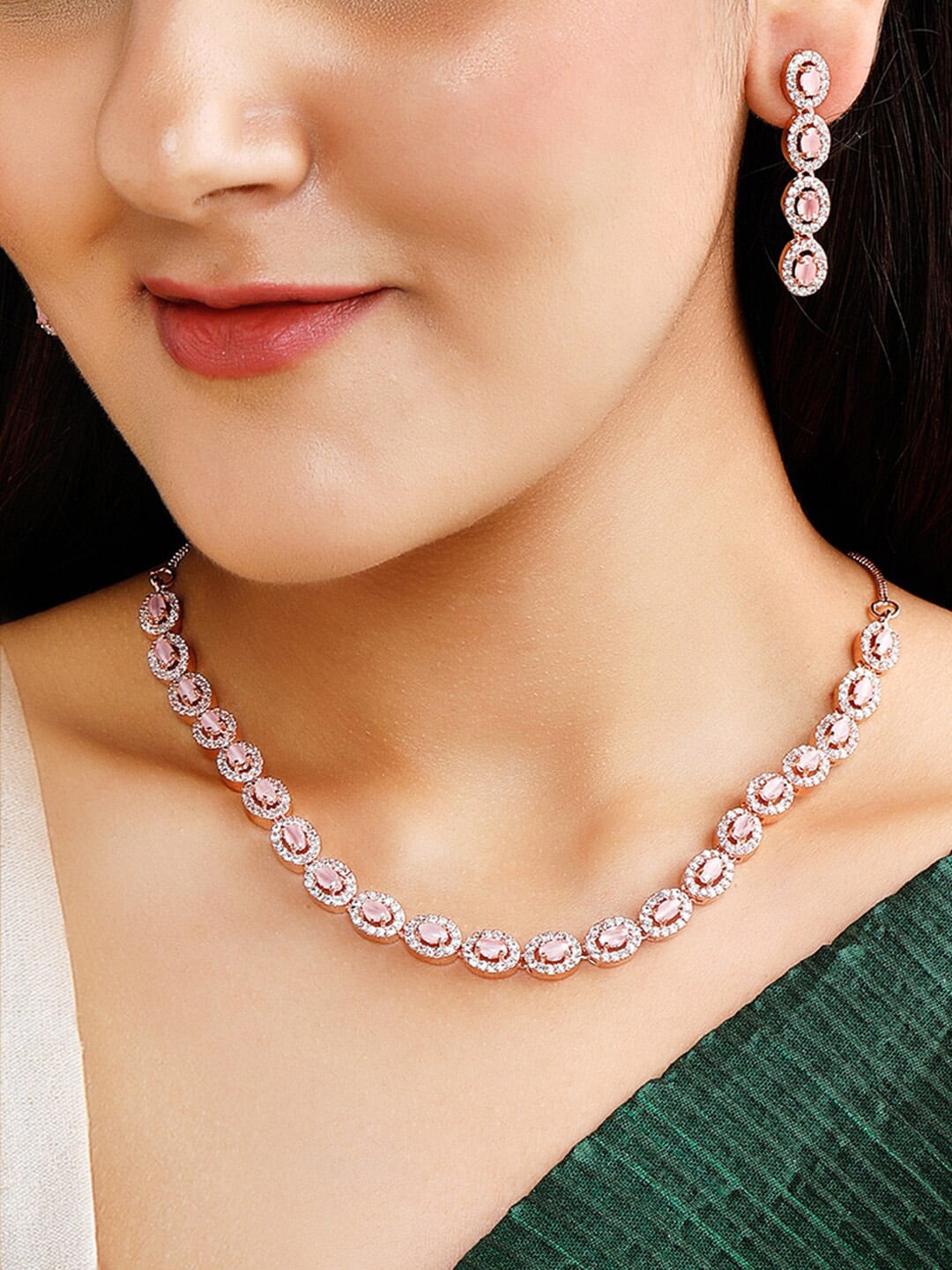 

Rubans Rose Gold-Plated White CZ-Studded Jewellery Set