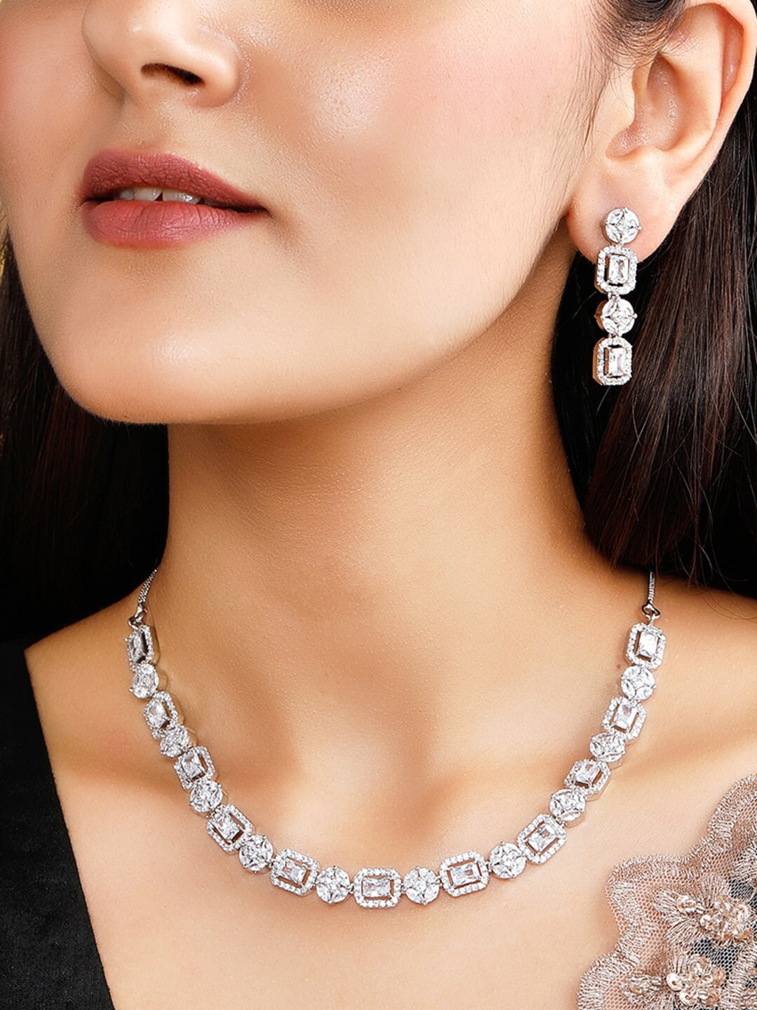 

Rubans Silver-Plated White CZ-Studded Jewellery Set