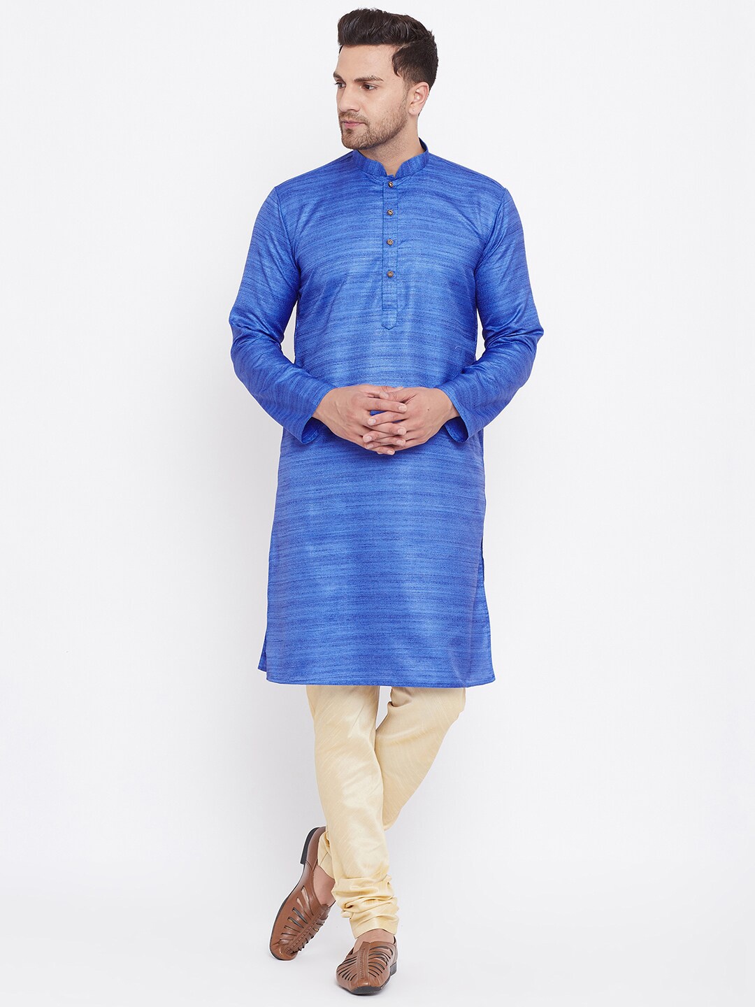 

VASTRAMAY Men Blue & Beige Striped Kurta with Churidar