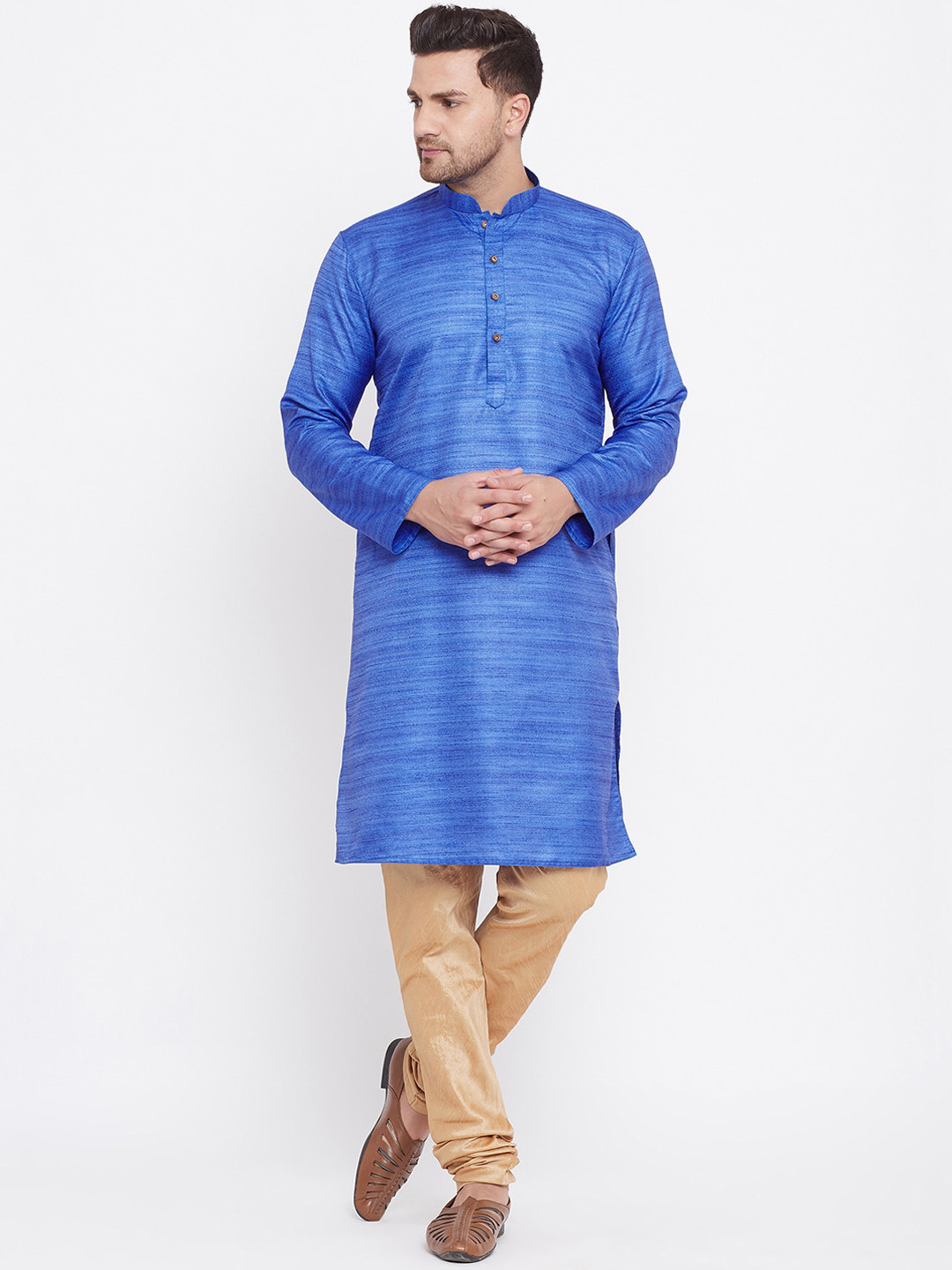 

VASTRAMAY Men Blue & Rose Gold-Toned Striped Kurta with Churidar