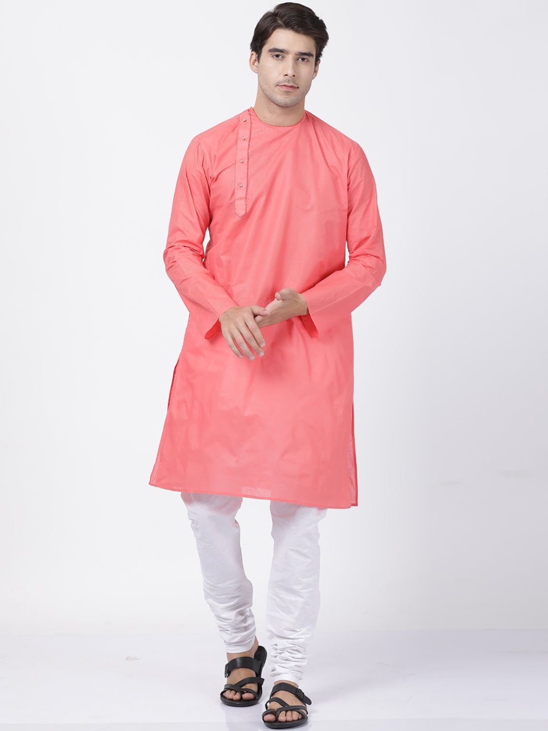 

VASTRAMAY Men Coral Pink & White Kurta with Pyjamas