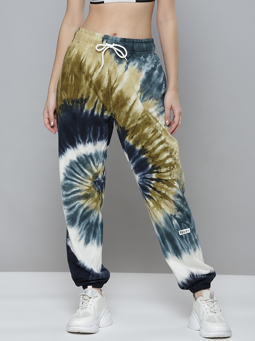 

Fitkin Women Navy Blue & Olive Green Tie & Dye Relaxed Joggers