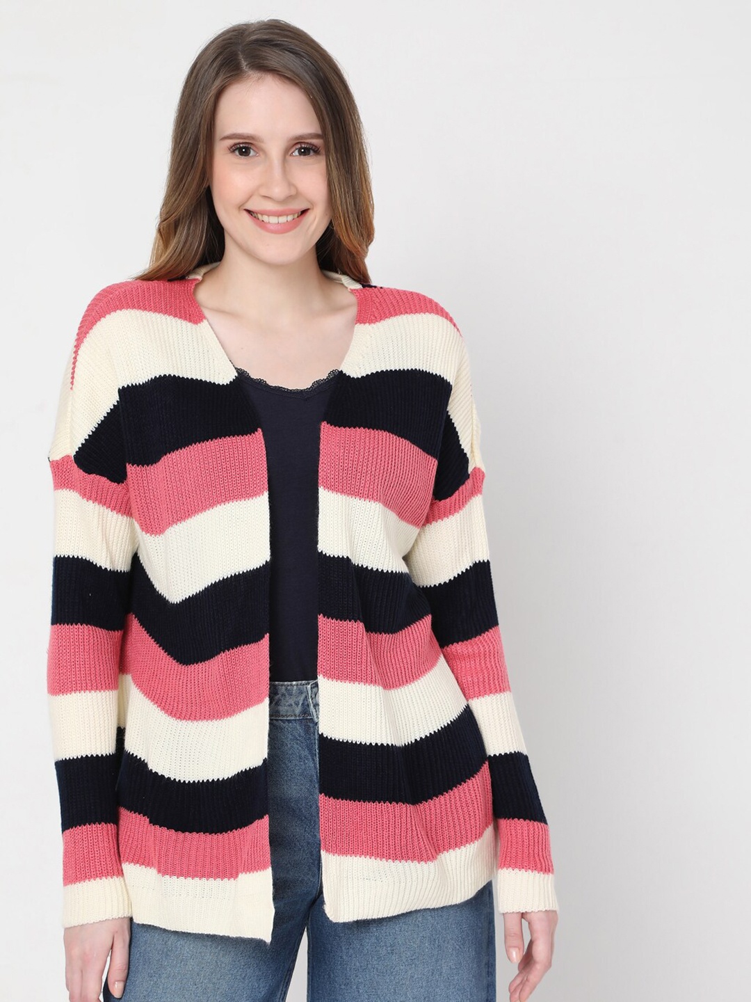 

Vero Moda Women Pink & White Striped Acrylic Shrug