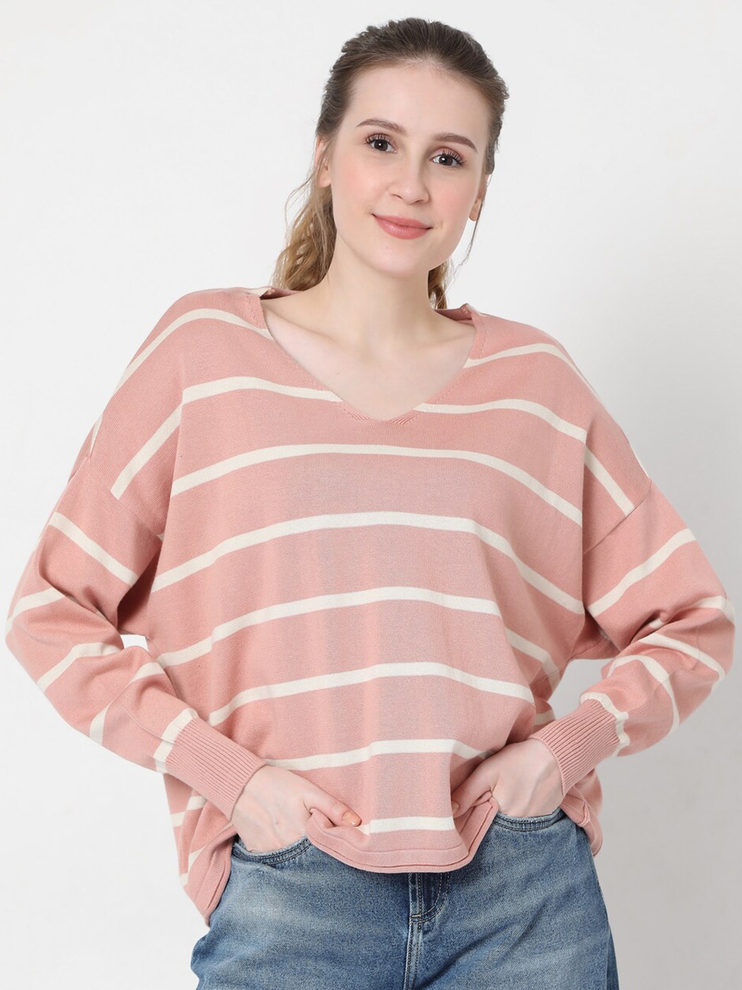 

Vero Moda Women Pink & White Striped Pullover