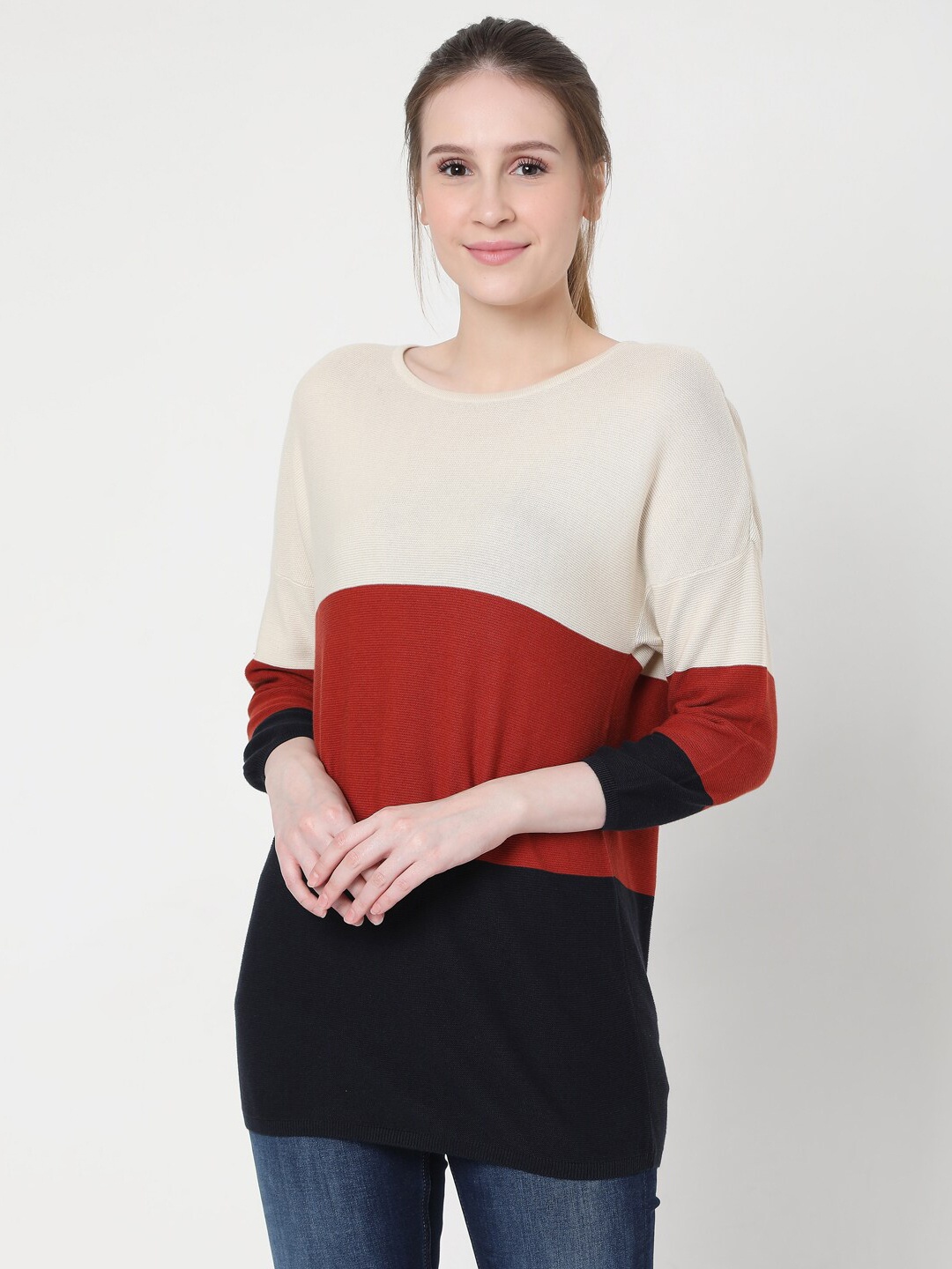 

Vero Moda Women Rust & Black Colourblocked Pullover