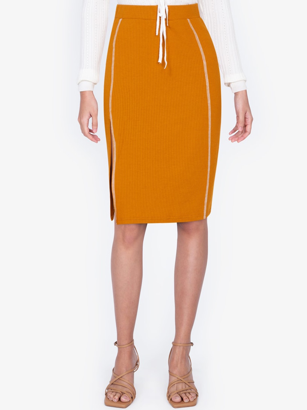 

ZALORA BASICS Women Yellow Pencil Solid Rib Skirt with Contrast Trim