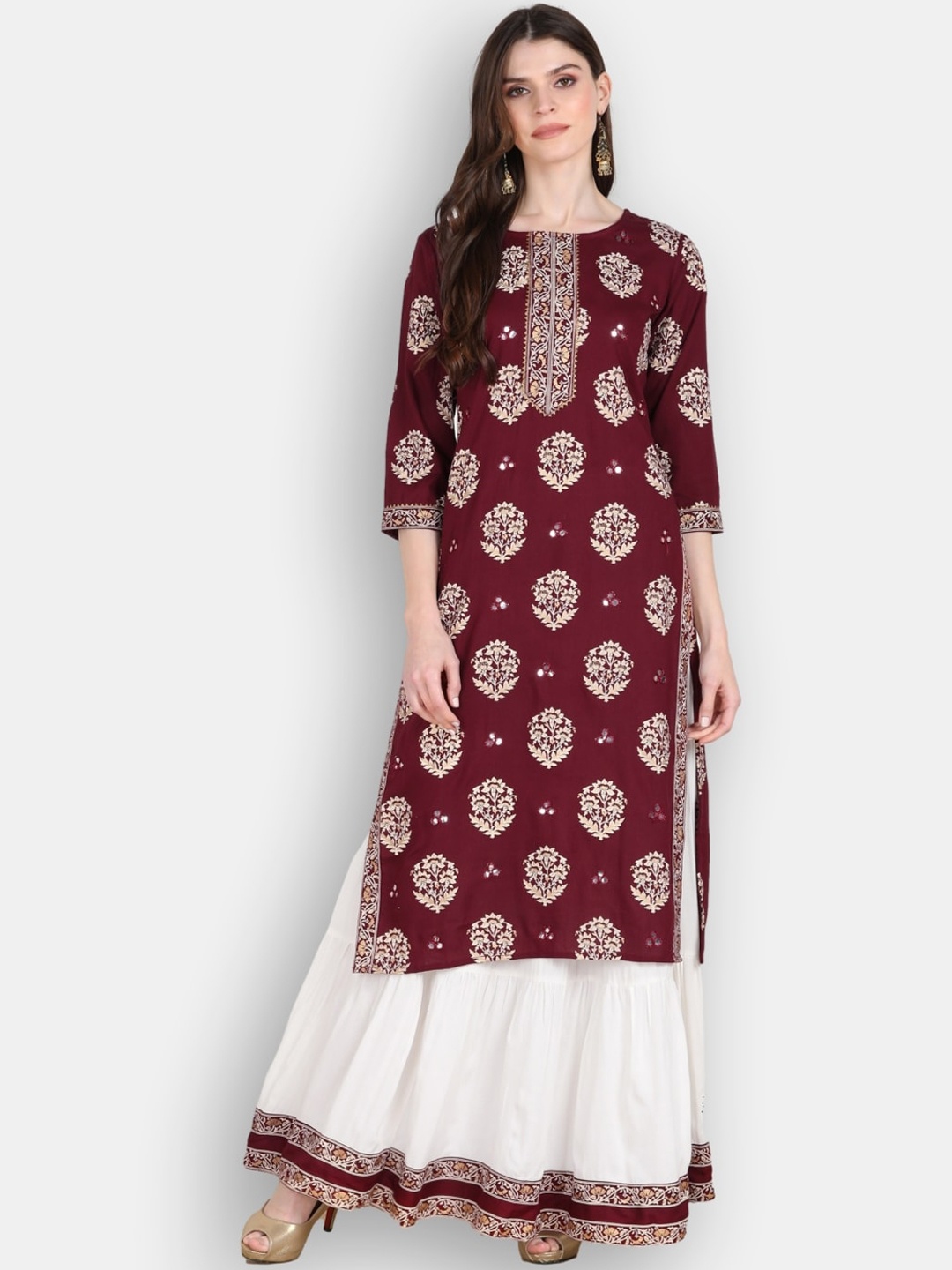 

VEDANA Women Maroon Floral Printed Kurta with Skirt