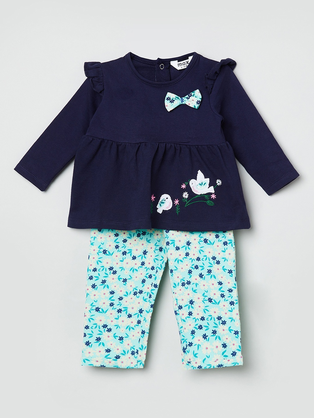 

max Girls Turquoise Blue & Navy Blue Printed Cotton Night suit